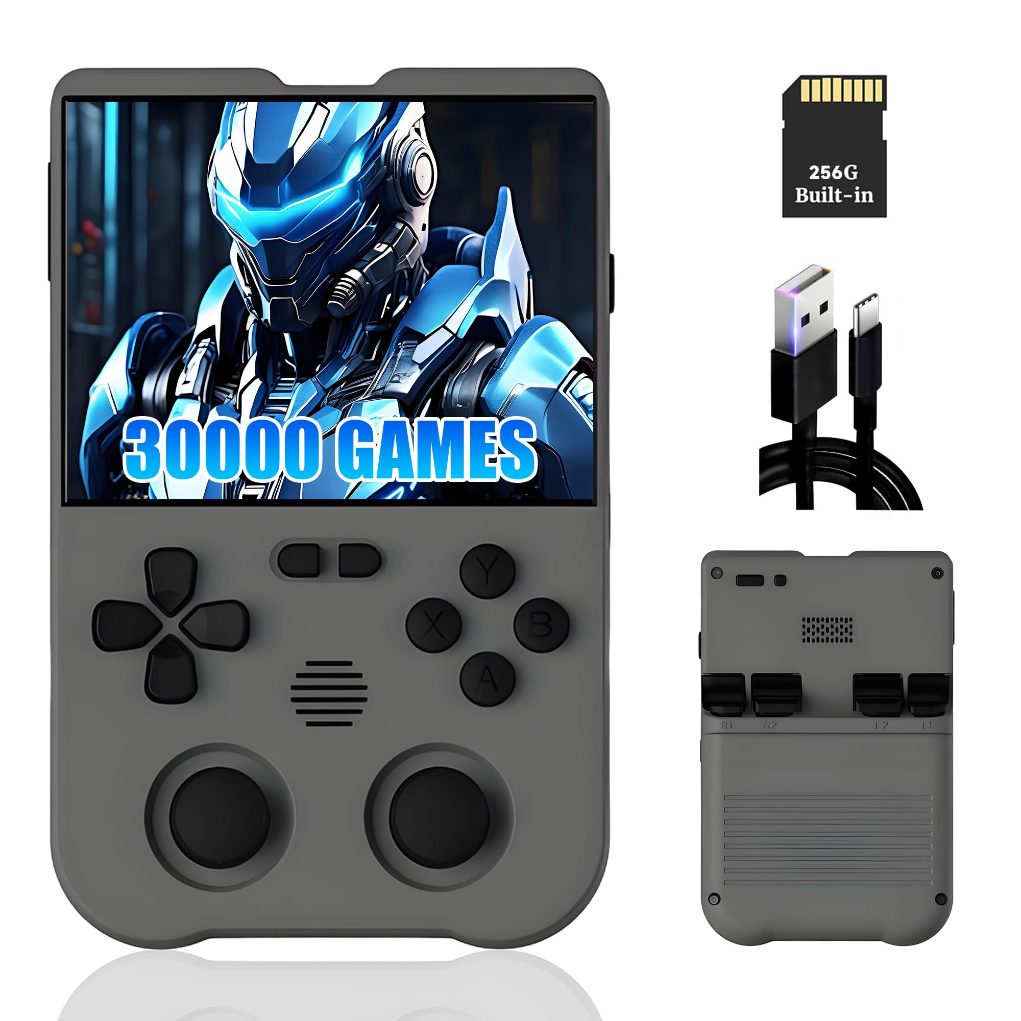 XU10 Retro Handheld Gaming Console with Dual Joysticks, 3.5-Inch IPS Full View Display, 128/256GB Storage (Preloaded with 20,000/30,000 Games) (grey-