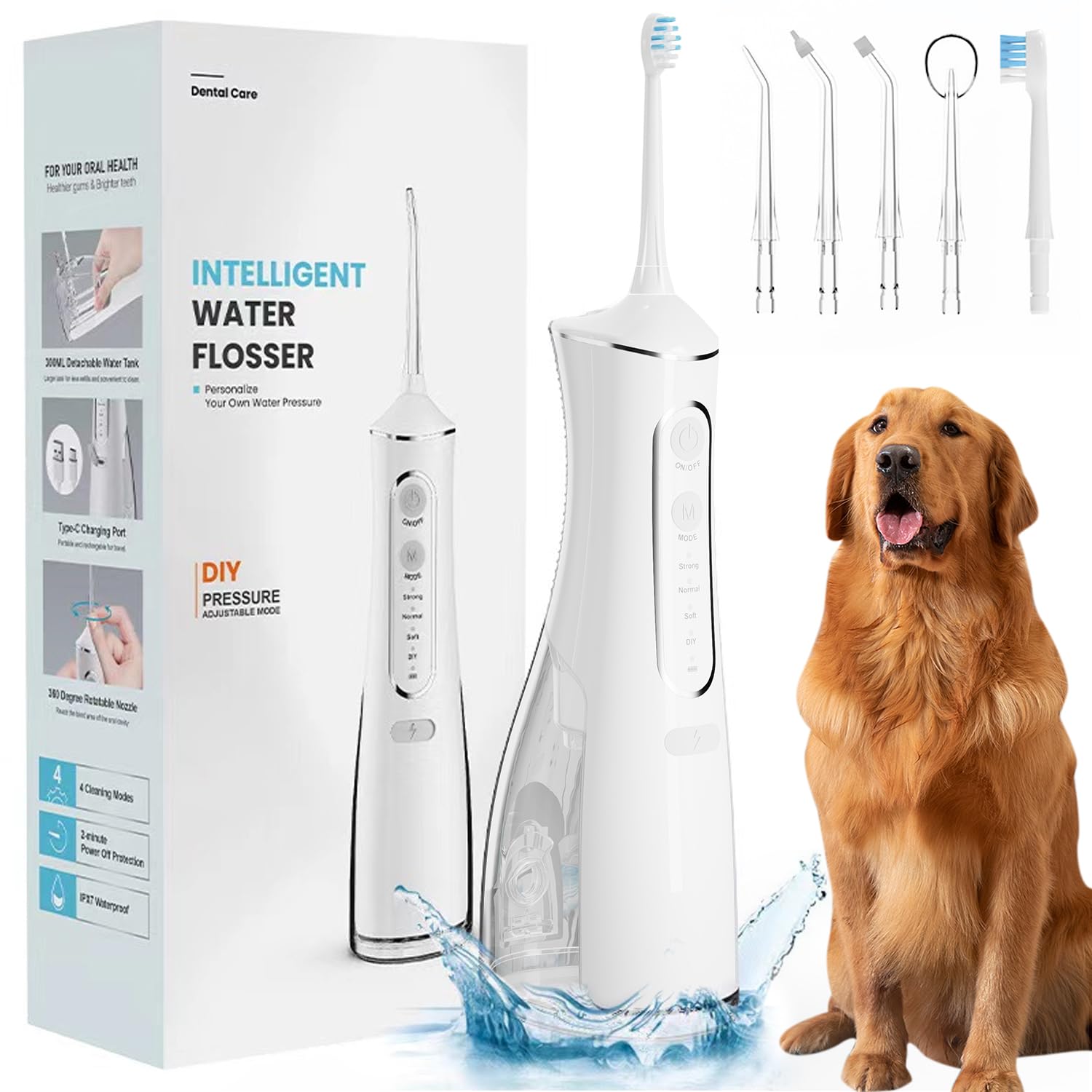 Irrigador Dental para Mascotas IPX7 300 ml 6 Boquillas 4 Modos Limpiador Eléctrico