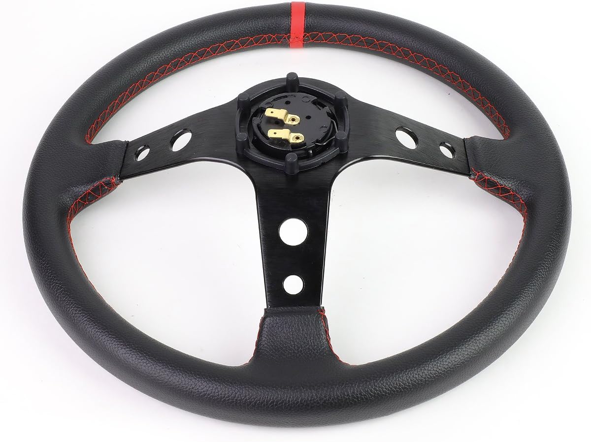 DNA MOTORING 350mm 3" Deep Dish Racing Steering Wheel 6-Bolt 3 Spoke Universal Aluminum Vinyl Leather Car Sport Steering Wheel, Black Spoke/Red Stripe, SW-T510-BK-RD