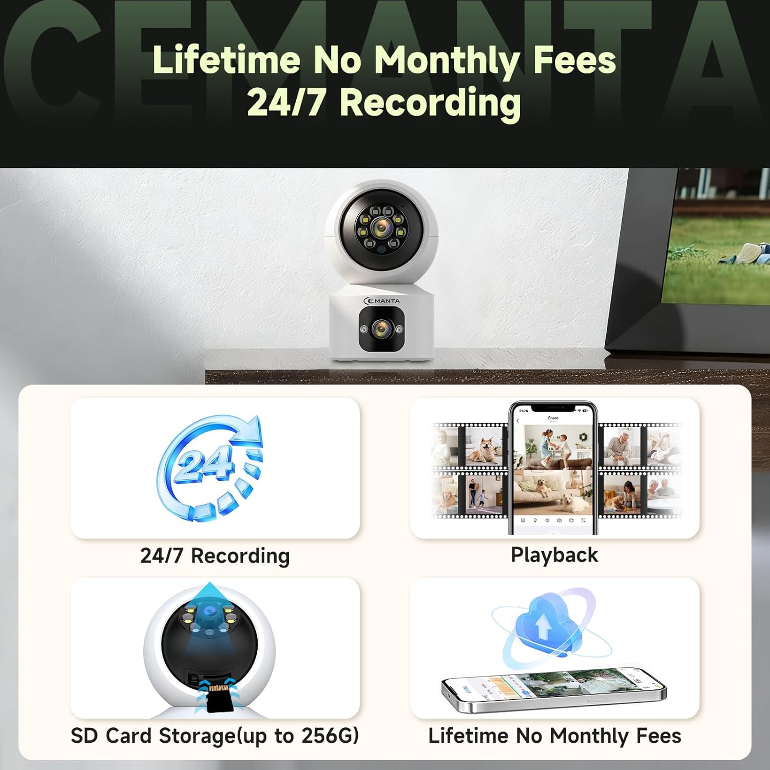 1080P Indoor Pet Security Camera for Dog Cat, Lifetime No Monthly Fee, Dual-Lens, 360° Pan Tilt Pet & Baby Monitor with Phone App, AI Human & Pet Detection, WiFi 6, Compatible with Alexa