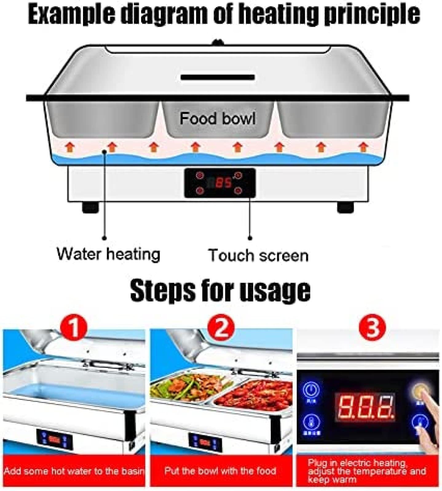 Chafing Dishes Buffet Food Warmers, Buffet Server In Stainless Steel With Touch Screen, 9L 13L Hot Plates For Keeping Food Warm, 30℃-90℃ Temperature Adjustable, Transparent Glass Cover,13l,Full-si