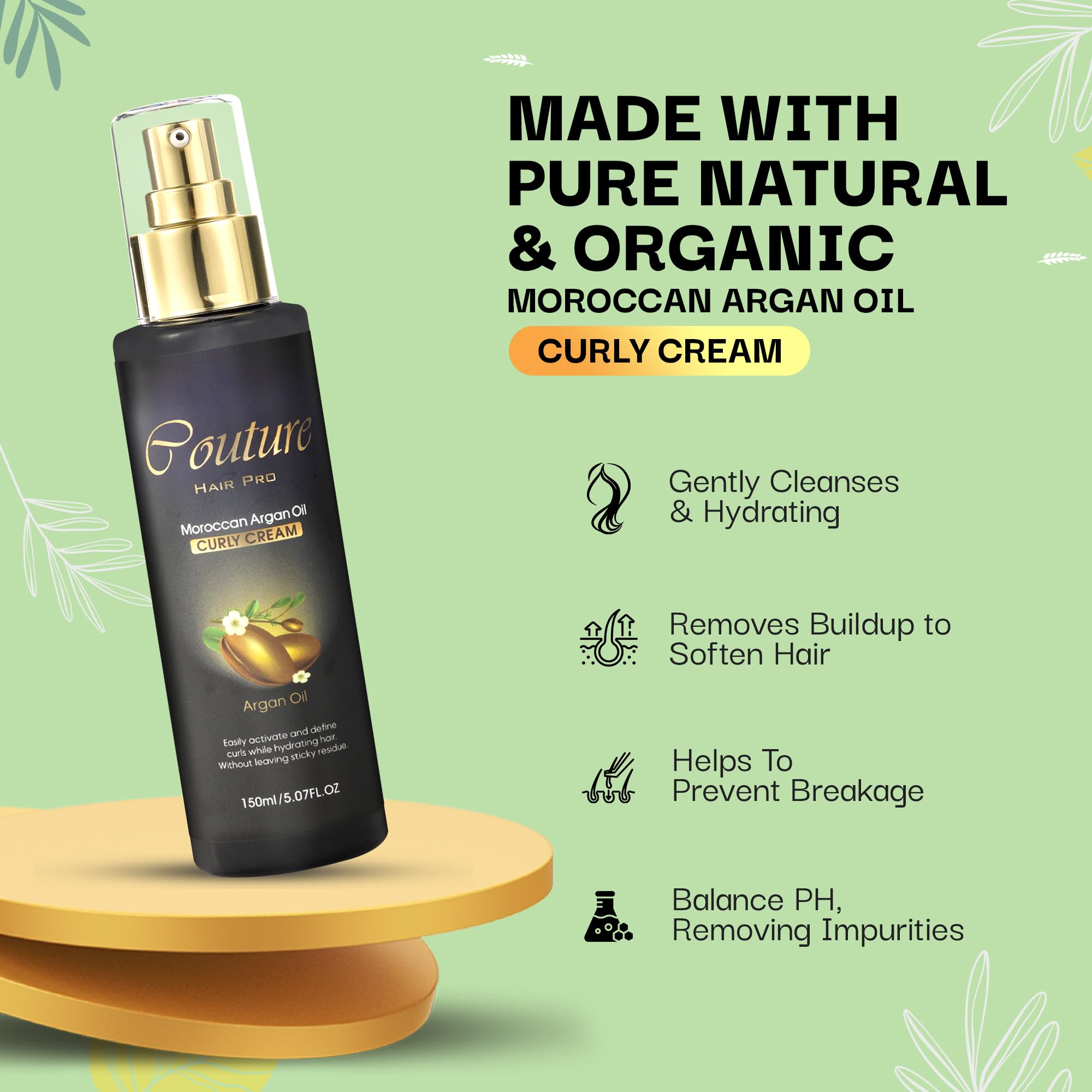 Couture Hair Pro Argan Oil Curly Cream - Anti HairLoss Curls Defining Cream - Scalp Repairing and Hair Growth Curling Cream infused with Biotin, Keratin, Rosemary Oil - 150 ML