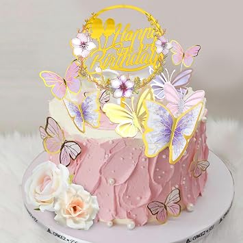35PCS Butterfly Cake Toppers with Flowers Pink Gold Cake Decorations
