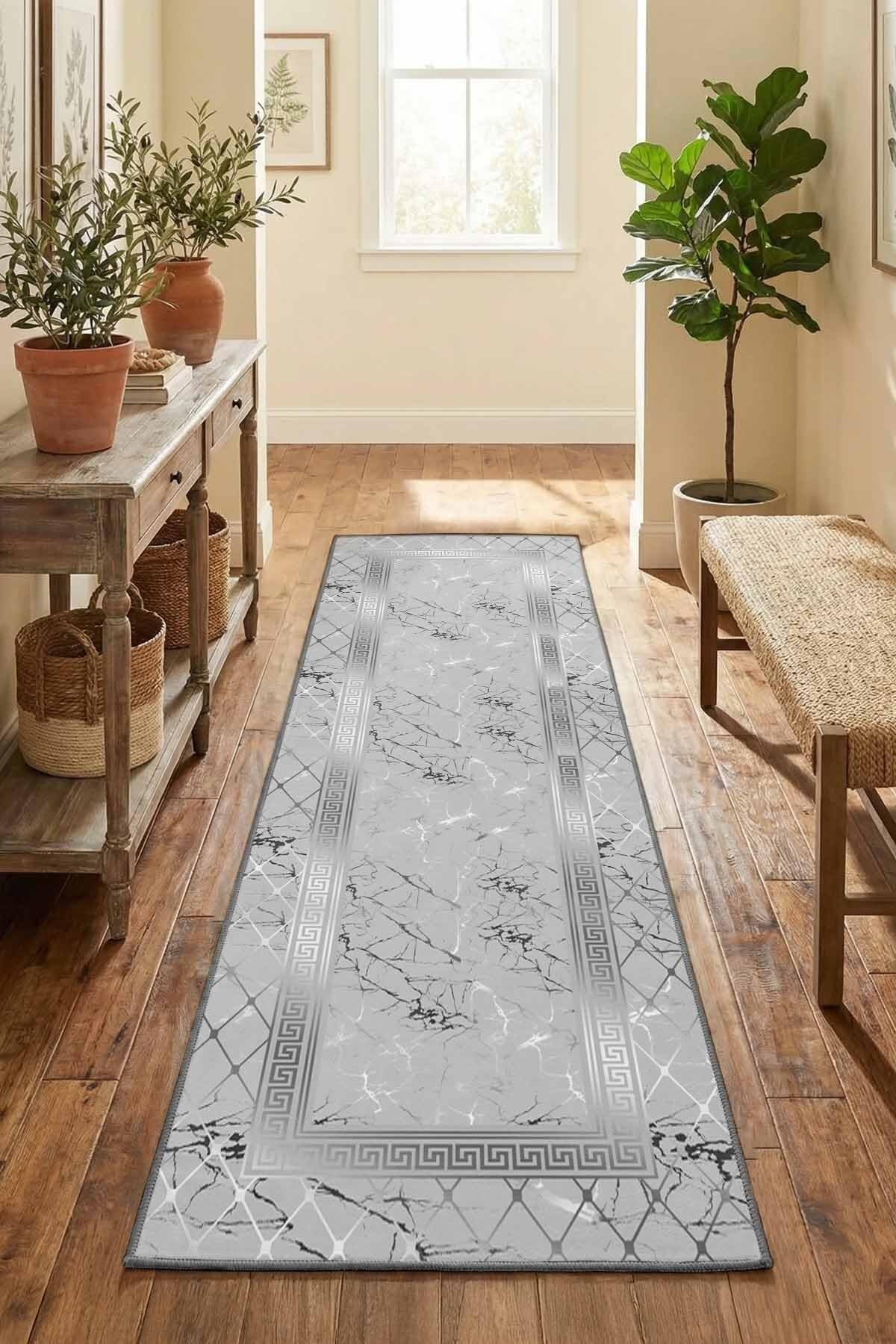 Monnhein Açık Gri Yolluk 1056 - Yıkanabilir, Kaymaz Taban, Dijital Baskılı, Leke Tutmaz, İnce Hav, Modern Koridor, Mutfak, Antre ve Salon için Dekoratif Yolluk