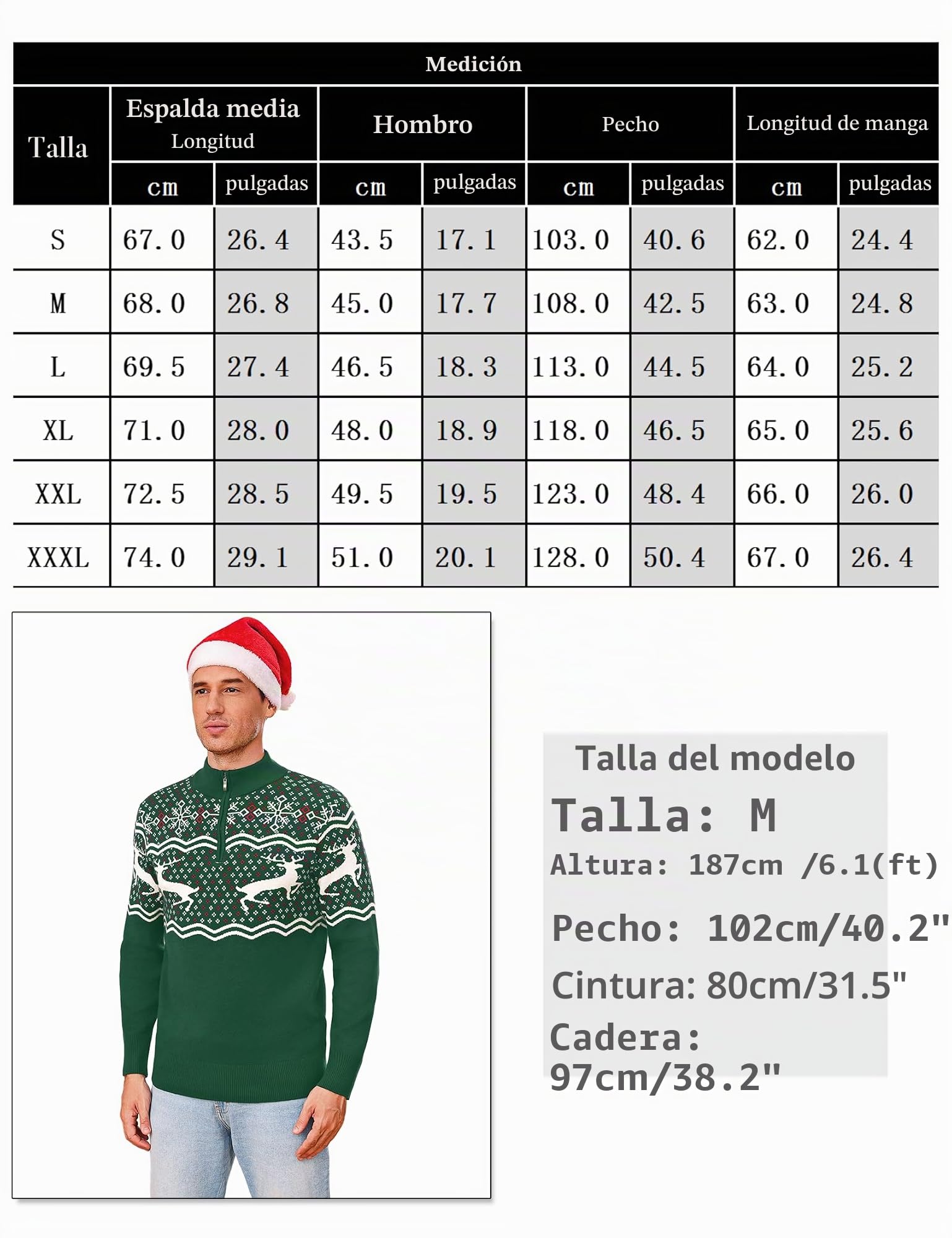 Jersey de Navidad para Hombre Invierno Cuello Alto con Media Cremallera Suéter de Navideñas Punto de Manga Larga S-3XL