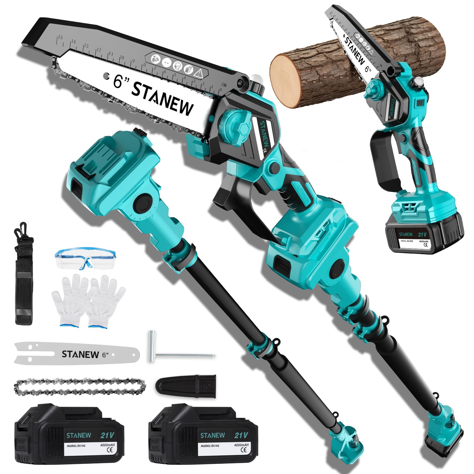 Stanew Motosierra,Batería con 2 Baterías 4000 mAh y 6 Pulgadas | Alcance hasta 4,55 m,Regulación 0-120°,Pantalla LCD,Ideal para Podar Árboles