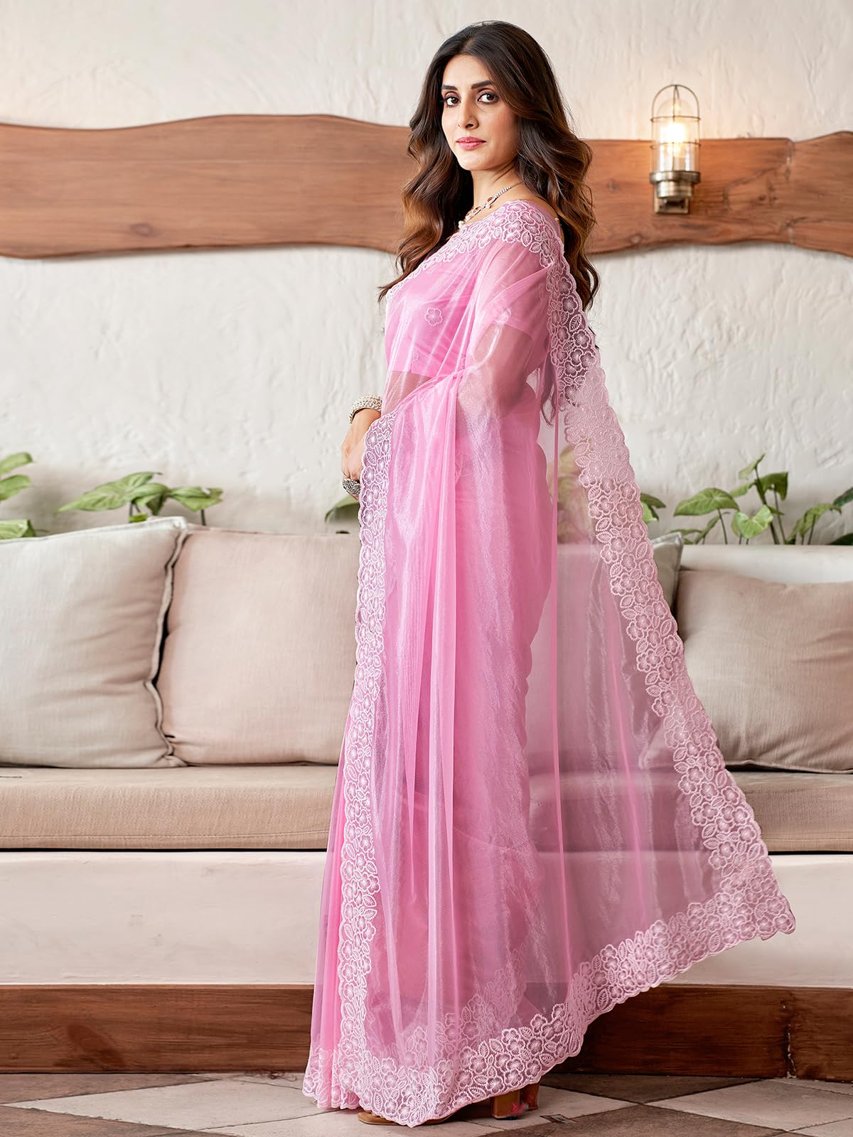 Satrani Women's Embroidery Border Organza Saree With Unstitched Blouse Piece (3734S351N_Pink)