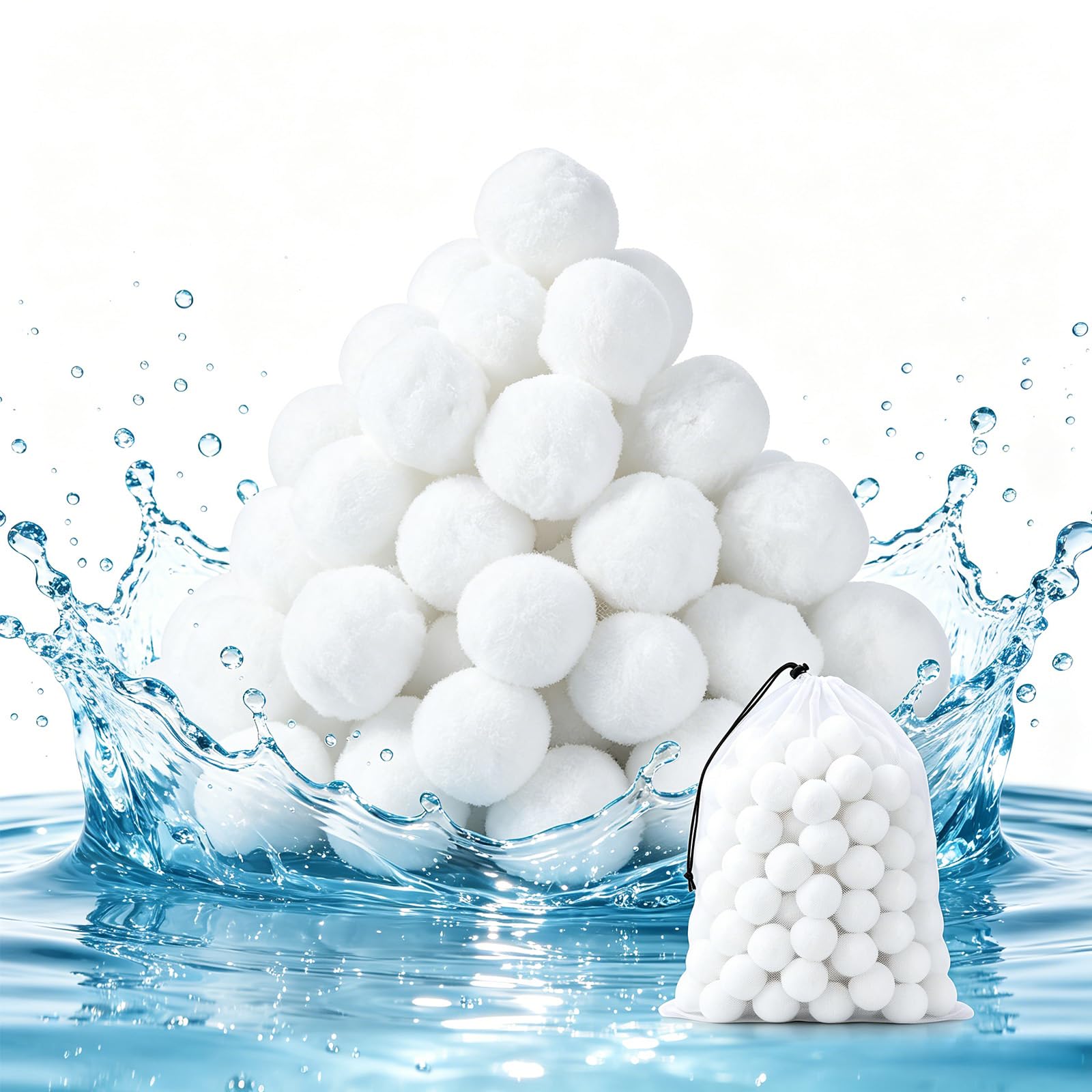 Balles Filtrantes pour Piscine, 1500g Boules Filtrante pour Systèmes Filtration Sable avec Sac Lavage Cordon, Balle Filtration Durables pour Pompe Piscines Nettoyeurs Piscine (Blanc)
