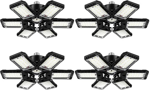 Paquete de 4 bombillas LED para garaje, 180 W, 18000 lm 6500 K, luz LED de tienda con 6+1 paneles deformables, luz de granero de sótano, luces de