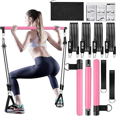 Pilates Bar Kit with Resistance Bands(4 x Resistance Bands),3-Section Pilates Bar with Stackable Bands Workout Equipment f...