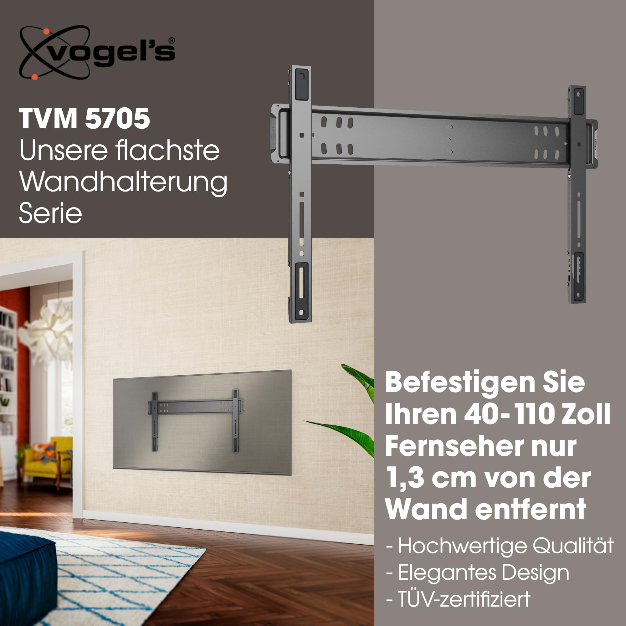 Vogel's Elite TVM 5705 Ultraflache Feste TV-Wandhalterung fur 40-110 Zoll | Nur 13mm Wandabstand, Innovative Einhängehilfe Für Die Sichere Montage Großer TVs, Max 100kg, TÜV-geprüft, VESA Bis 600x400