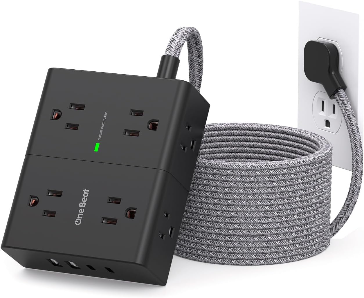 10 Ft Flat Plug Extension Cord with Multiple Outlets, One Beat Surge Protector Power Strip 10 Ft Long Cord, 8 Outlet 4 USB Ports(2 USB C), Long Extension Cord for Home Office College Dorm, Black