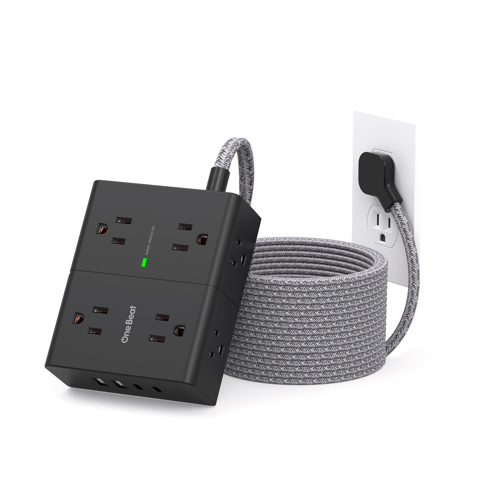 Extension Cord 15 Ft, Flat Plug Surge Protector Power Strip 15 Ft Long Cord