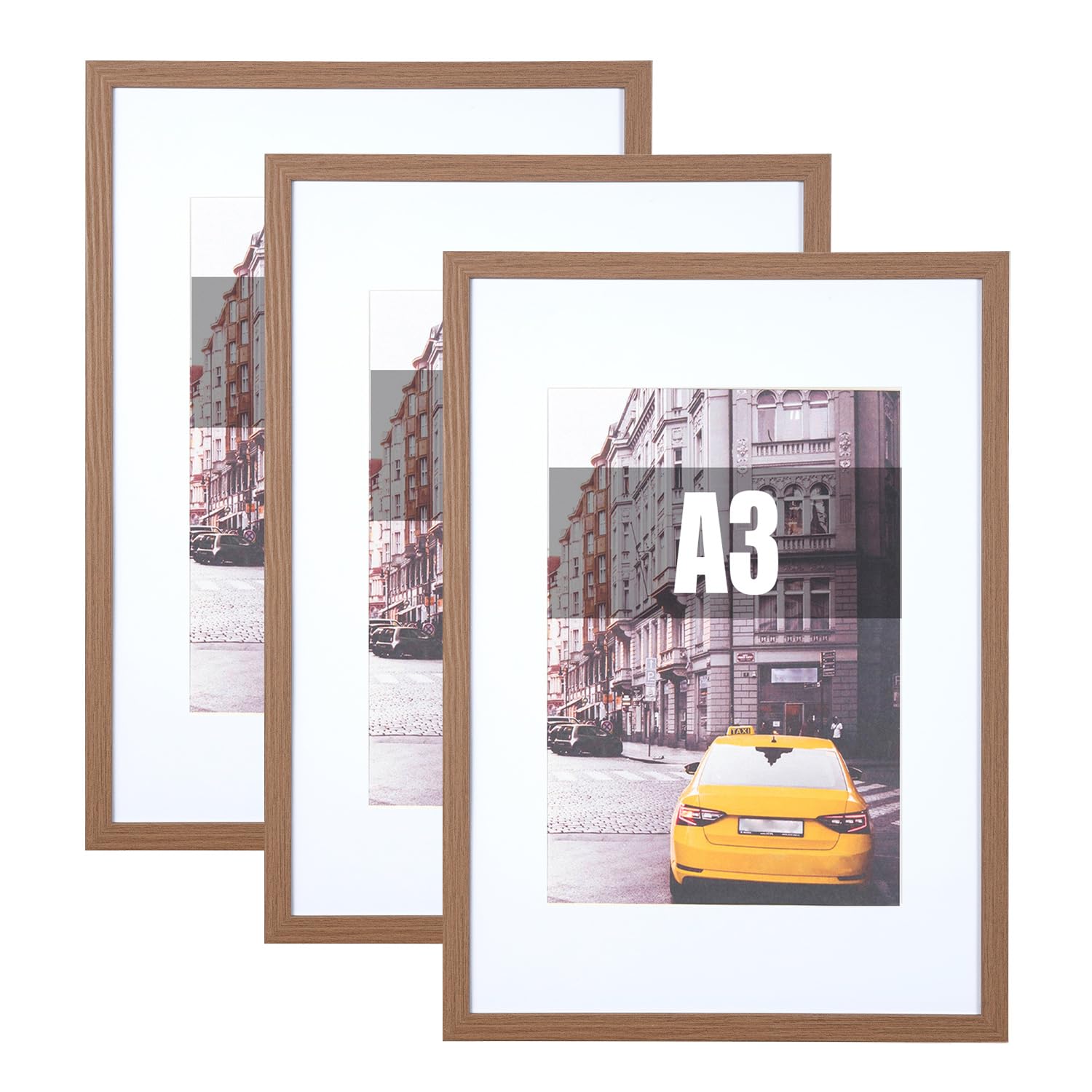 kennethan Brown Wooden A3 Picture Frame Brown Set of 3, Poster Frame suitable for A4 with mat, A3 Picture Frames for Wall Mounting