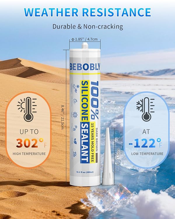 Silicone Caulk & Sealant Brown, 100% Waterproof Silicone Sealant, Shrink & Crack Proof, Silicone Caulking for Kitchen, Bathroom, RV, Interior & Exterior Use, 10.2 FL. OZ/300ML, 1 Pack by BEBOBLY - Used condition - Image 7