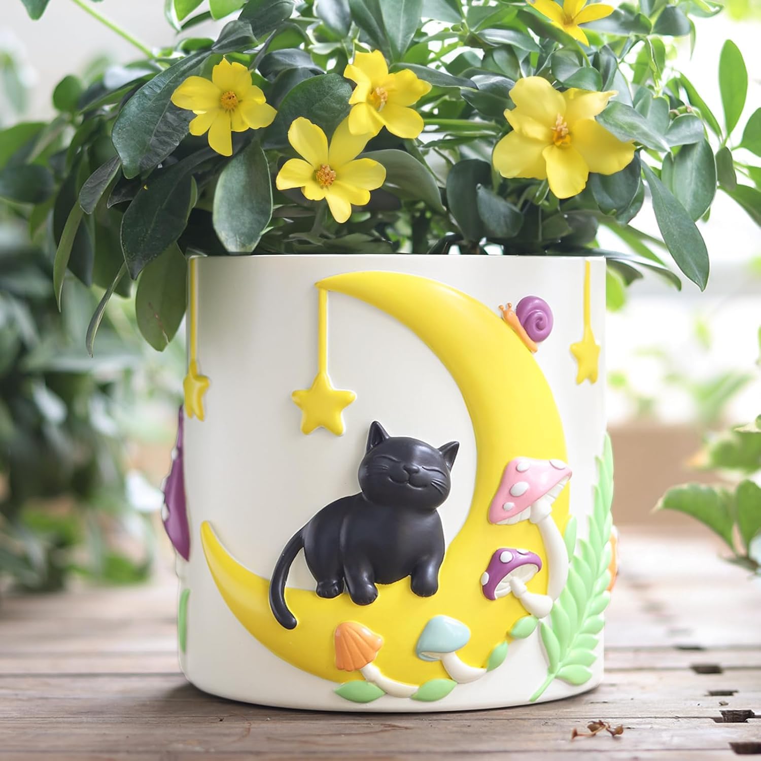 AmiCera Cute Moon Cat Flower Pots, Rainbow Unique Plant Pot with Drainage