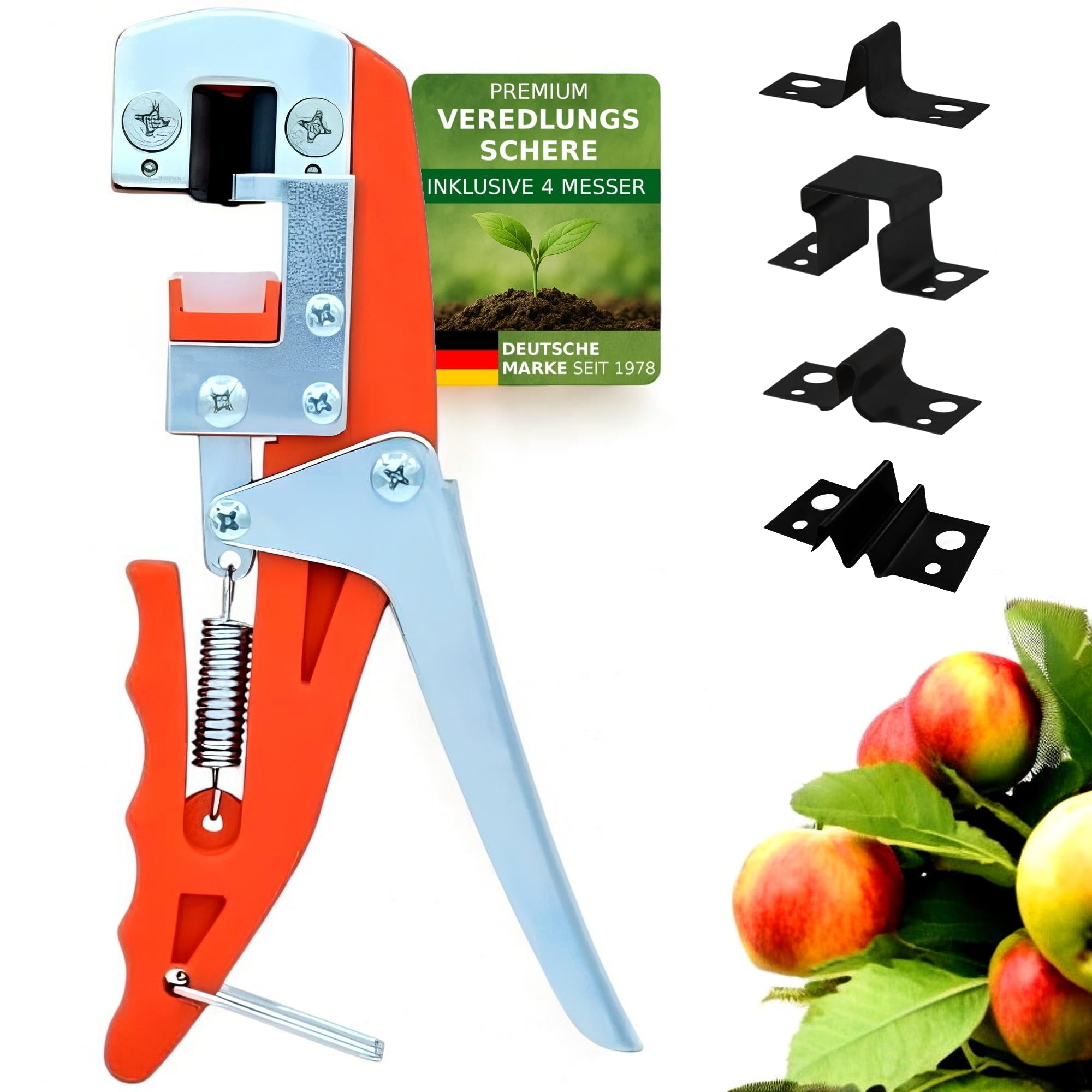 Premium Veredelungsschere mit 4 Messer, Omega V W Okulation, Veredelungsmesser Veredelungszange Gartenschere Rosenschere, 30 Jahre Qualität, Okulier-Schere Messer, Obstbäume Rosen Pflanzen