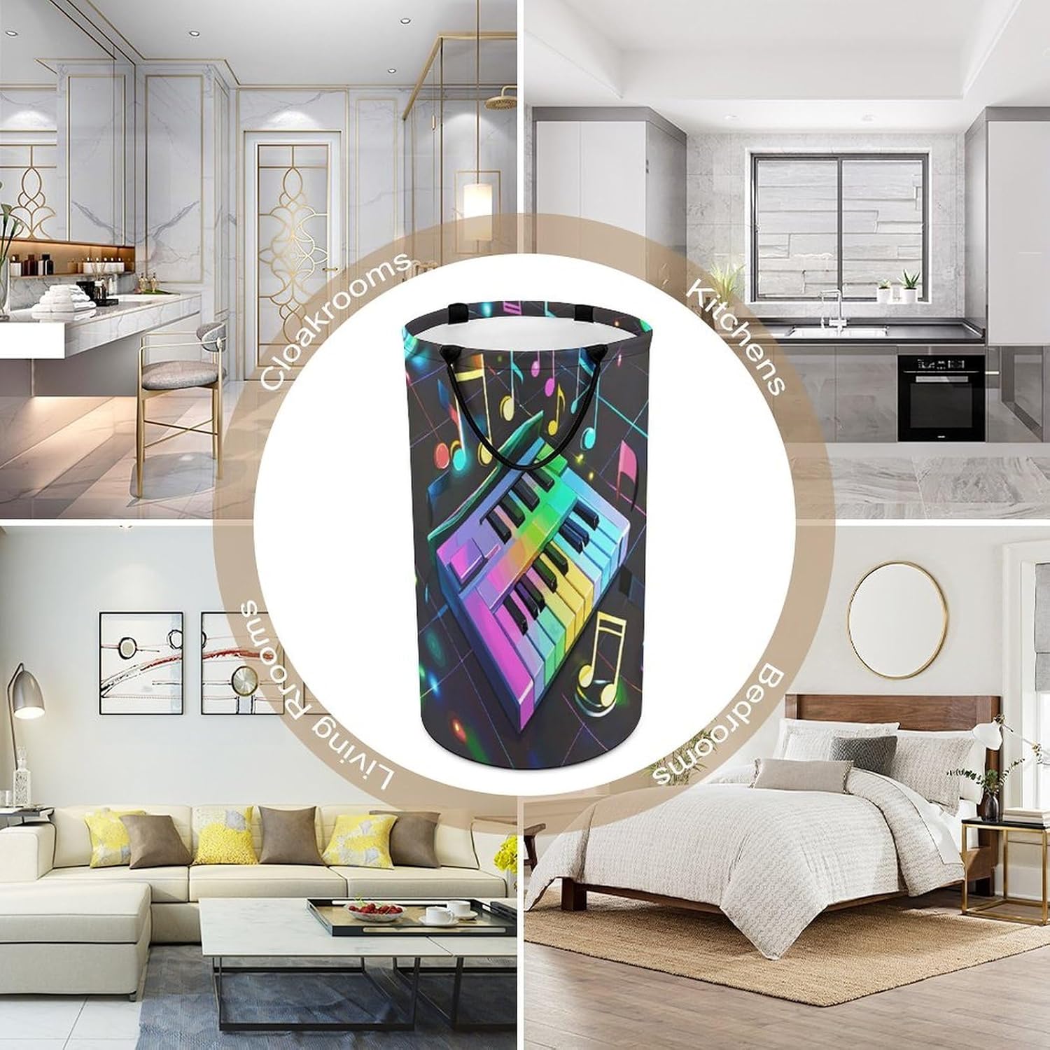 Colorful Piano Keyboard Music Note Laundry Hamper Foldable Clothes Storage Basket Fashion Clothes Hampers with Handles Waterproof Large Dirty Laundry Hamper for Bathroom Bedroom