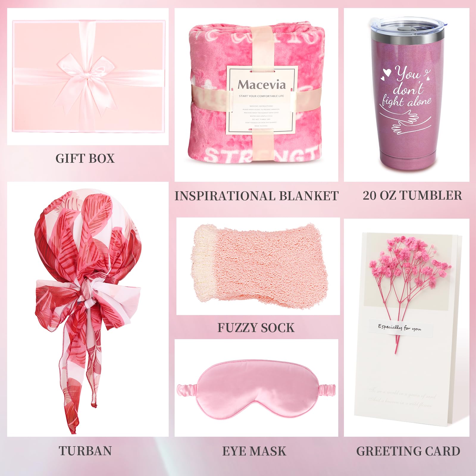 MACEVIA Paquete de cuidado del cáncer de mama, caja de regalo para mujeres, cesta de regalo inspiradora Get Well Soon con vaso, vaso, gorro, máscara de ojos, calcetines para pacientes después de la