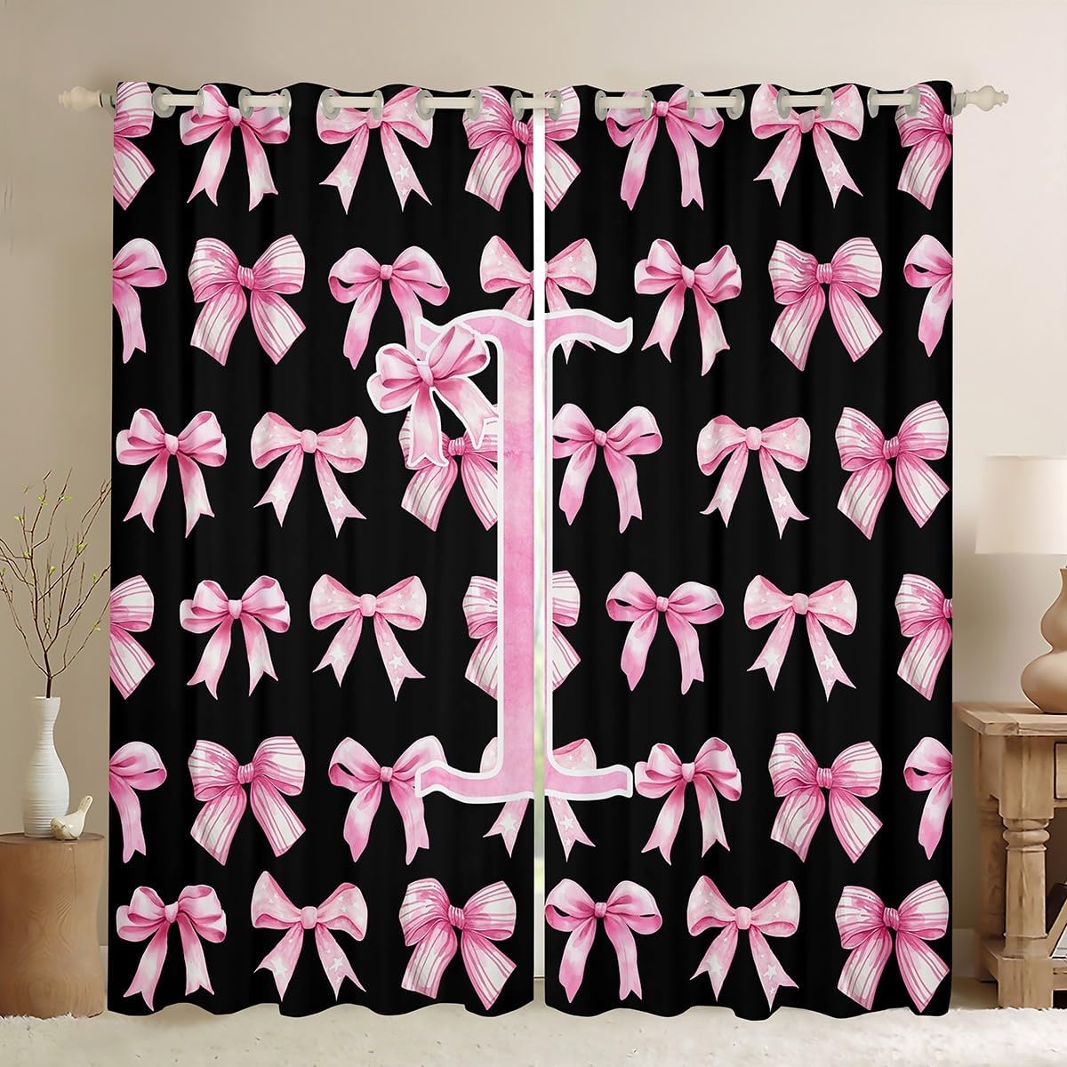 Erosebridal Pink and Black Initial I Kids Blackout Curtains 2 Panels for Girls Coquette Bow Window Curtain Princess Aesthetic Curtains Dreamy Monogram Cartoon Cute Room Decor,42" Wx63 L(I)