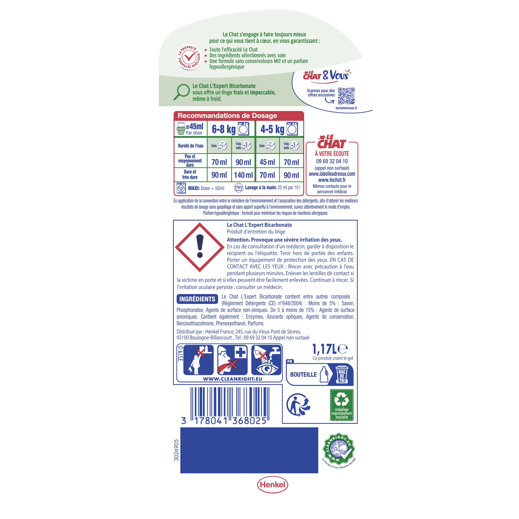 Le Chat Lessive Liquide, L'Expert Bicarbonate, Lessive pour entretien du linge, Parfum Hypoallergenique, Efficacite anti-taches, 4x26 lavages