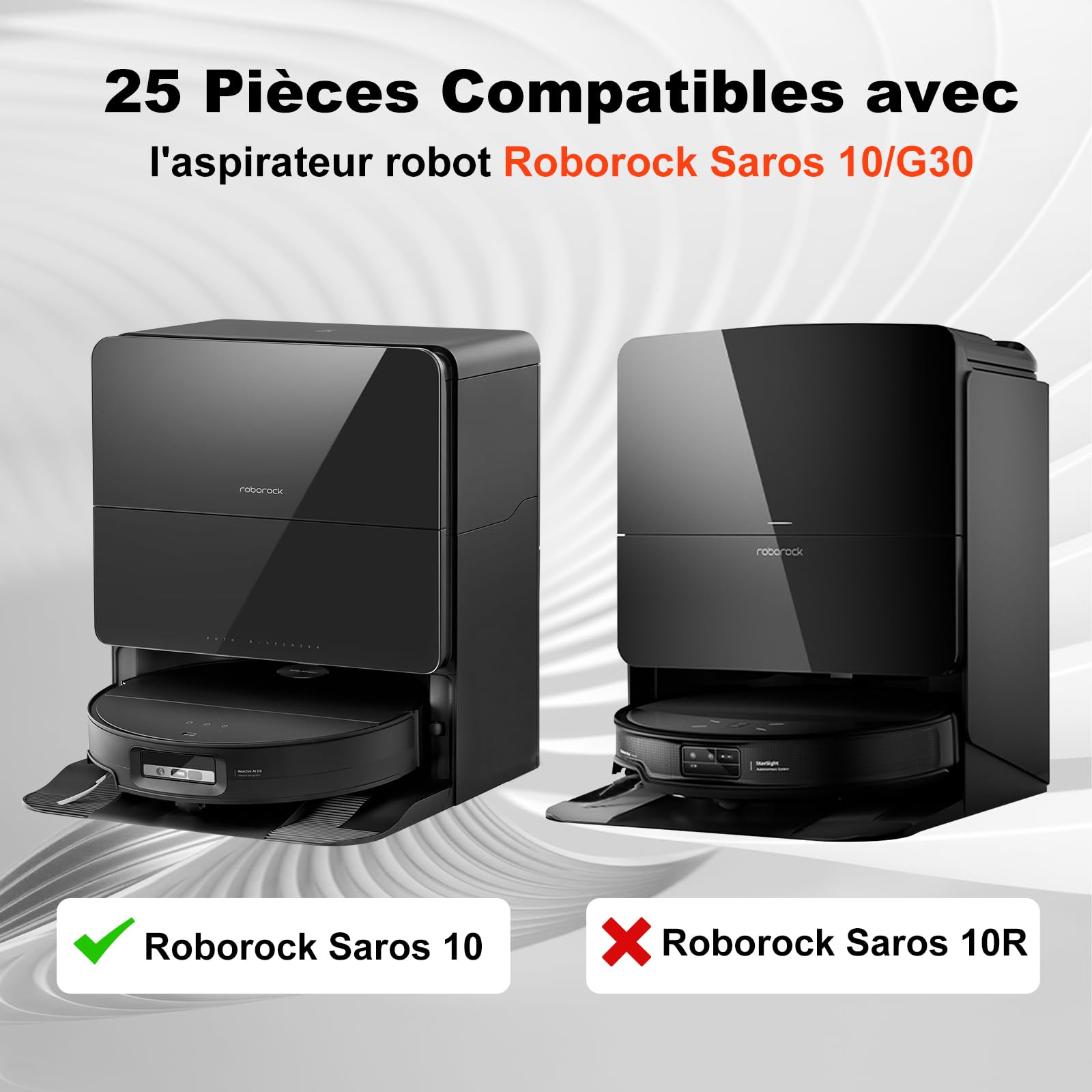 Saros 10 Accessoires de Rechange pour Roborock Saros 10, 25 Pièces, 2 Brosses Principales 4 Brosses Latérales 4 Sacs à Poussière 4 Filtres HEPA 4+4 Tampons de Vadrouille à Double Vibration