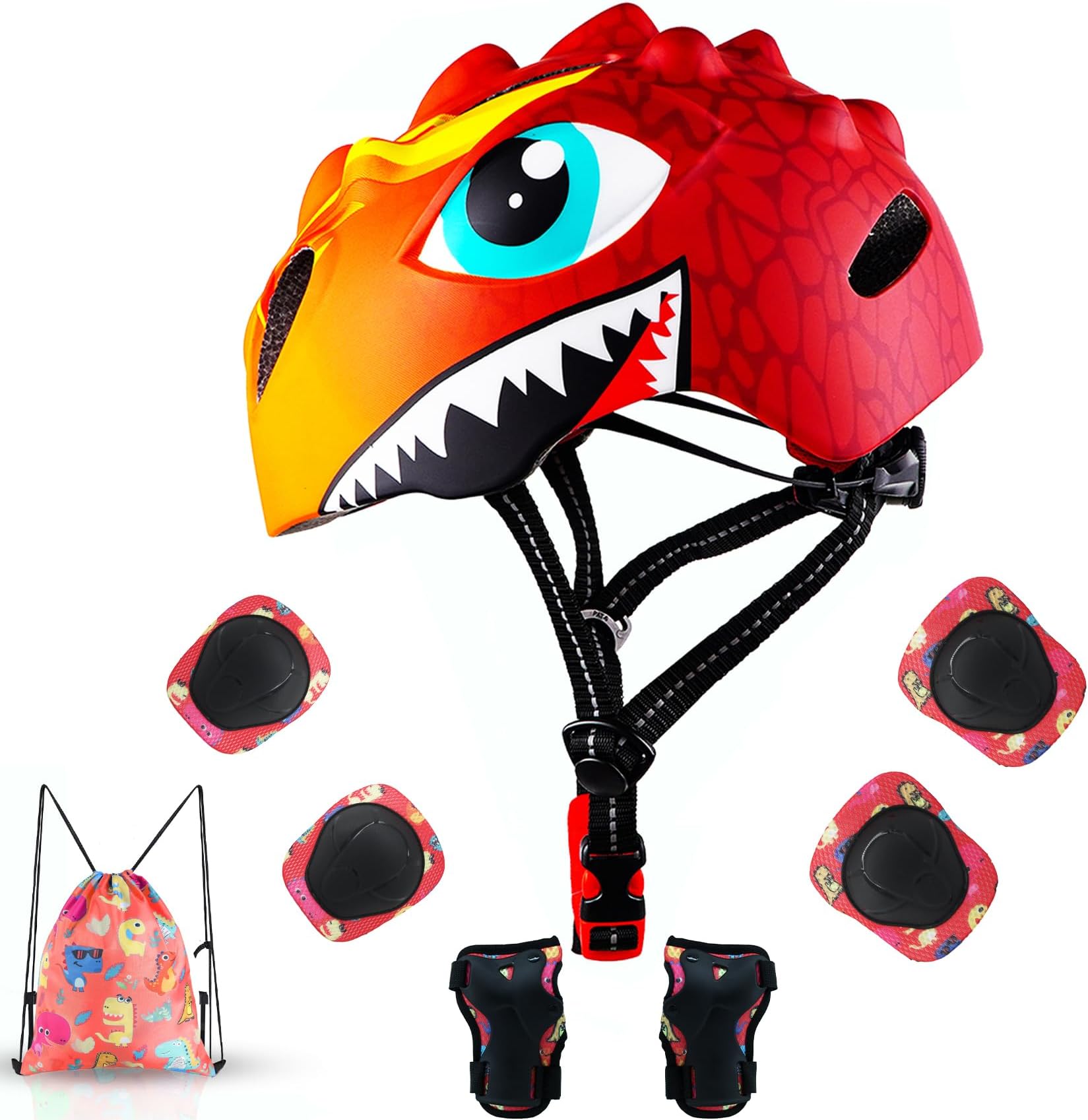 Toddler Helmet Kids Bike Helmet for 2 3 4 5 6 7 8 Years Old Boys Girls Kids with 3D Dinosaur Design Protective Gear Set and Safety Certified, Bike Cycling Skating Skateboard Scooter Helmet (Red)