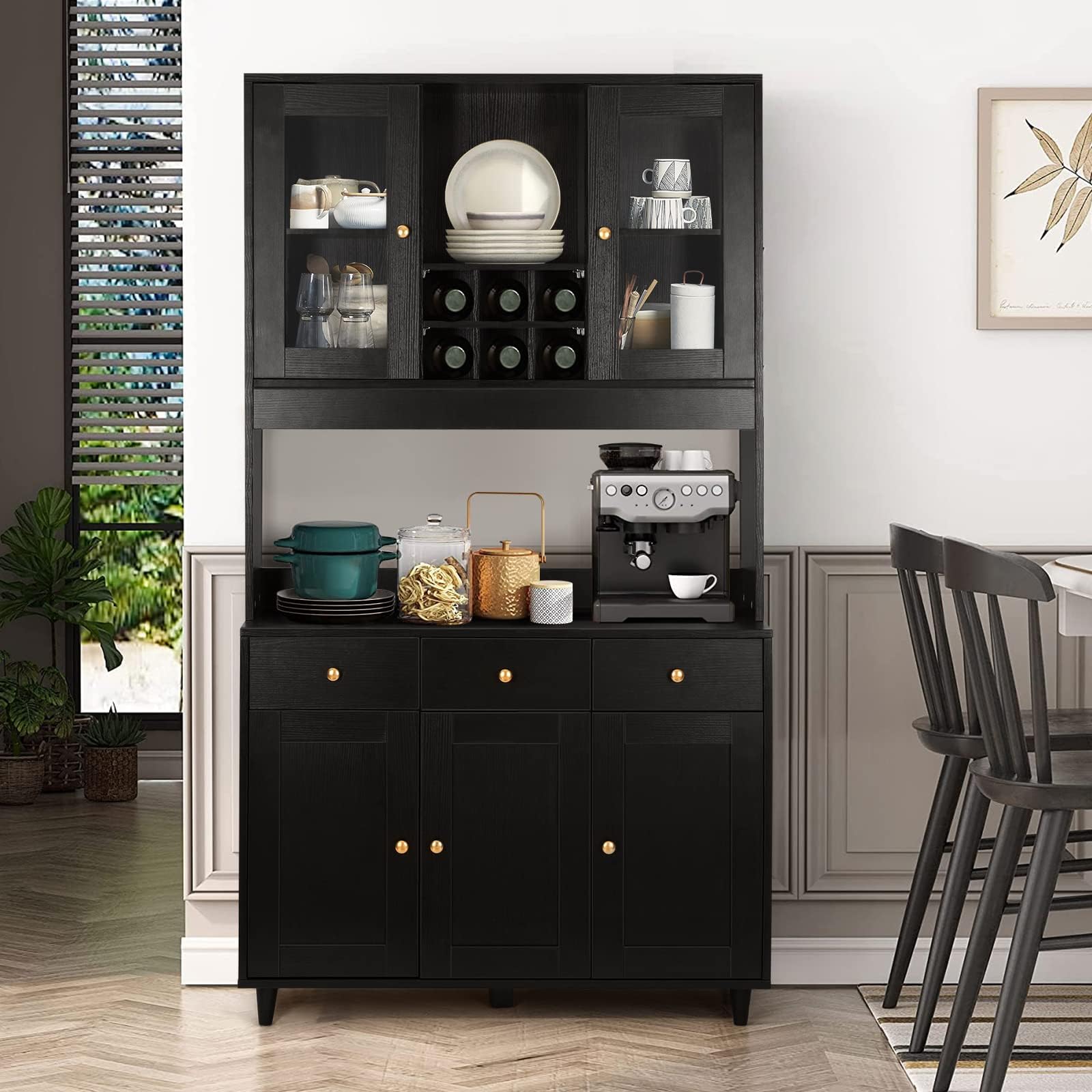 Credenza Cucina KIMENICH Con Luci LED - Mobile Buffet Con Cassetti E Ripiani Regolabili, Nero 70x40x135 Cm - Foto 6
