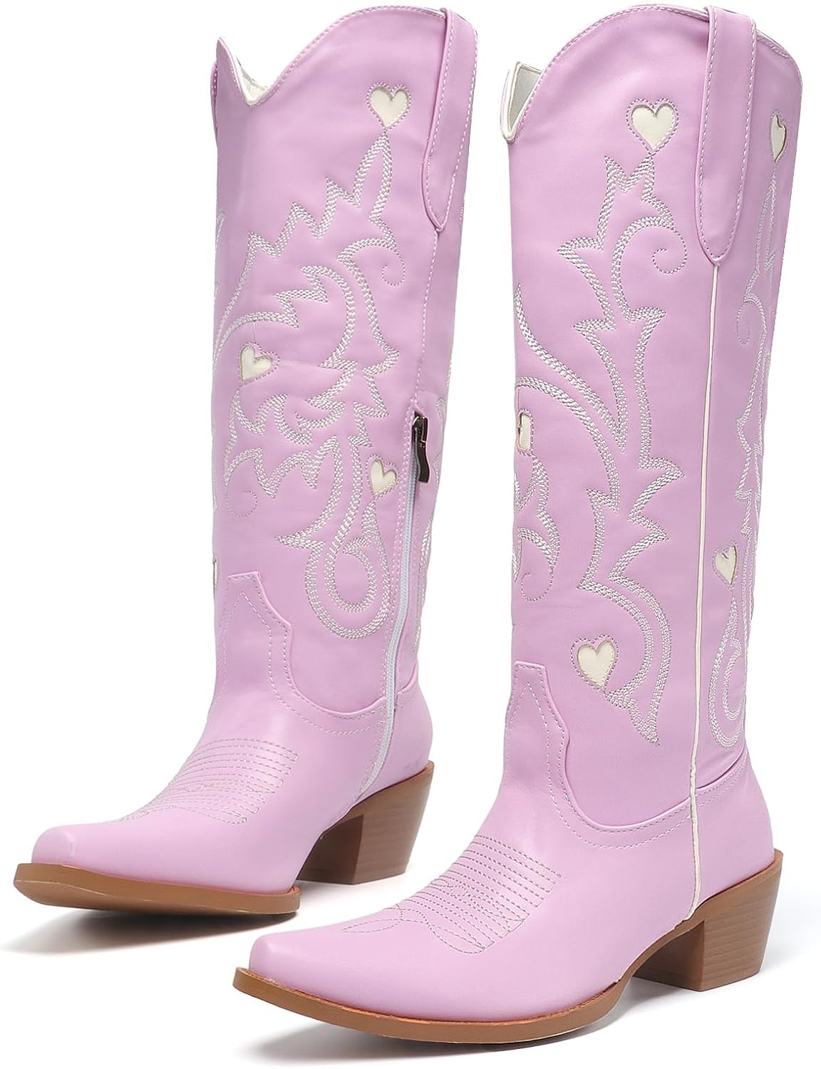 Women's Knee High Cowboy Boots with Hearts Pattern Embriodery Cowgirl Boots