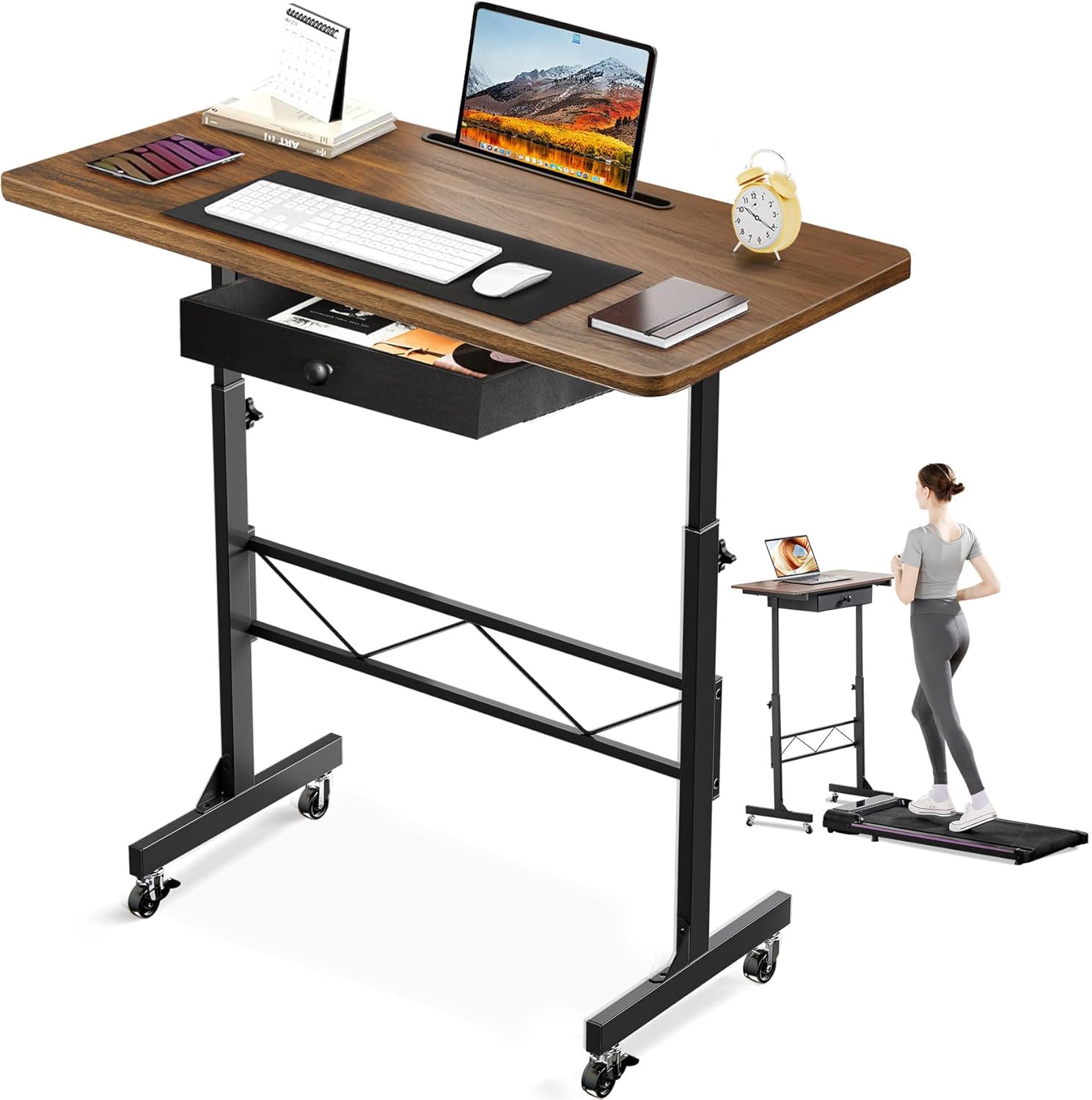 GTPLAYER Small Standing Desk Adjustable Height Small Computer Desk Mobile Portable Rolling Laptop Table with Wheels 32" Computer Workstation Sit Stand Desks Portable Standing Table Treadmill desks