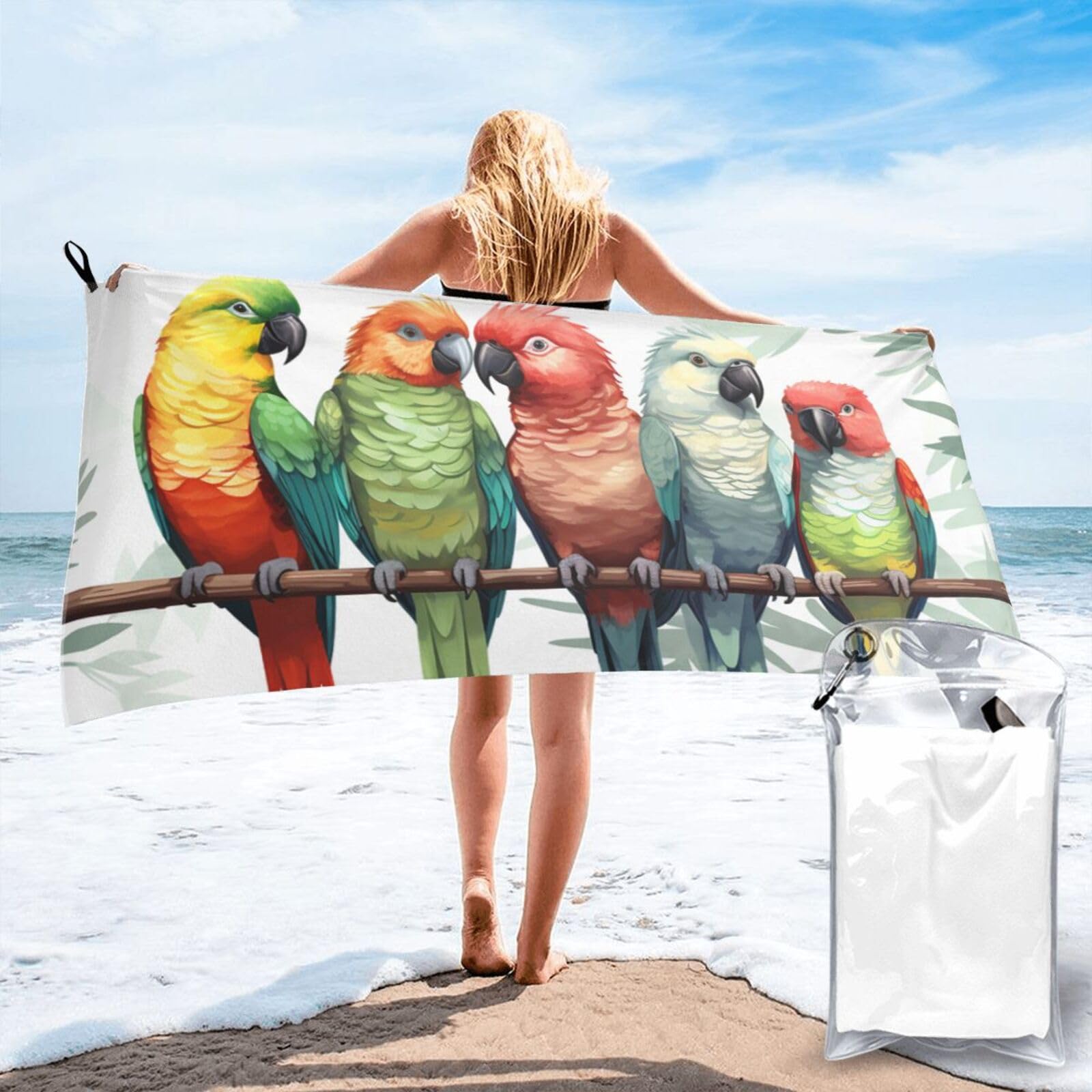 DWVTSLH Microfiber Sand Free Beach Towel 27.5"x55", Quick Dry Absorbent Travel Towel Large Camping Blanket, Colorful Parrots On Tree Bath Towels Lightweight Pool Swim Towels for Vacation Essentials