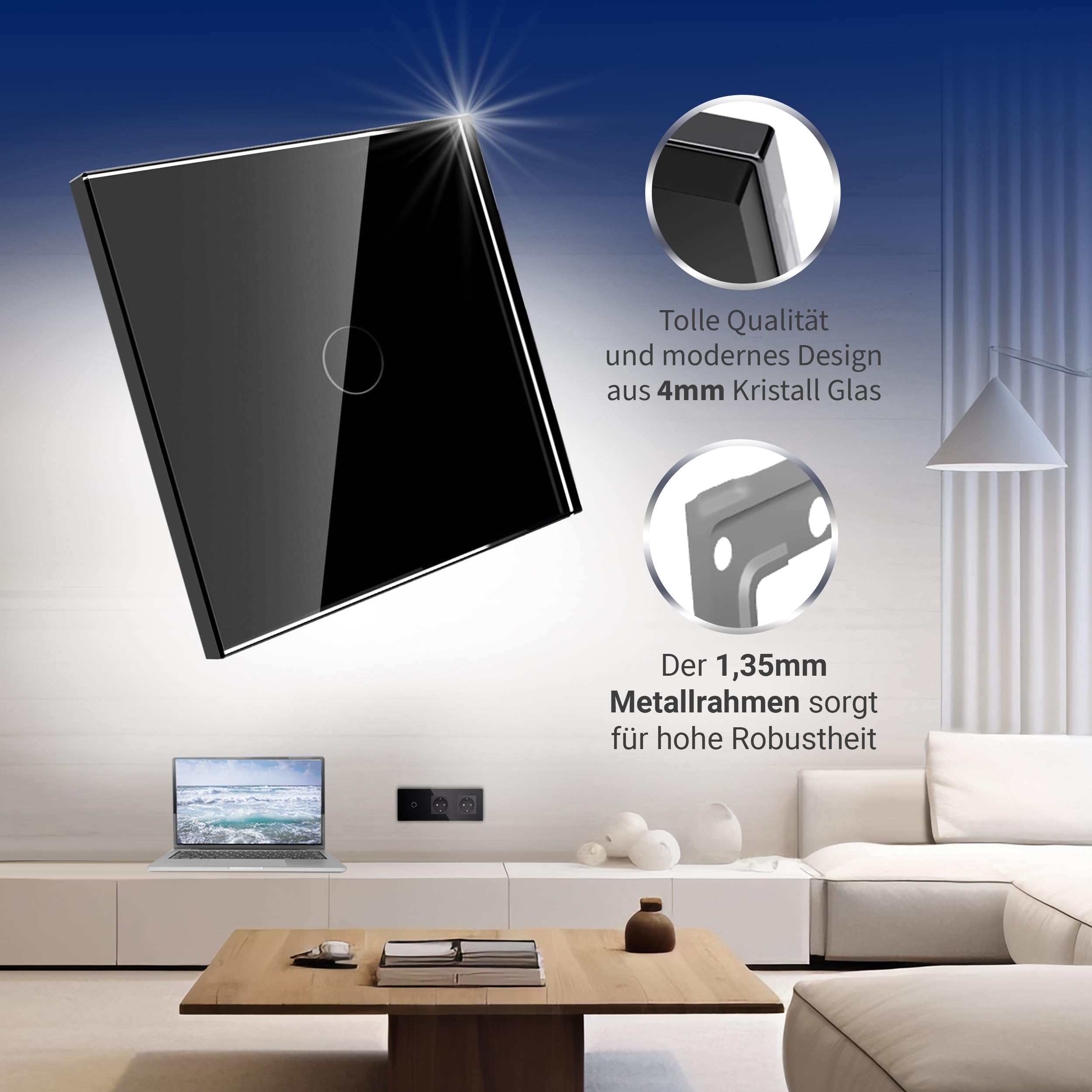 PULSAR Set di 2 interruttori per tapparelle Wi-Fi, da incasso, 1 via, nero, con cornice in vetro, funzione timer e compatibile con Alexa e Google Home