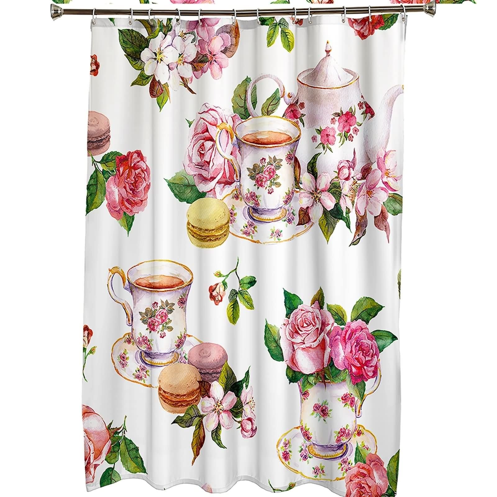 Duschvorhang Schimmelresistent 180 X 200, Textil Duschvorhang Mehrfarbig Rosentassen und Teekannenmuster Schöner Duschvorhang