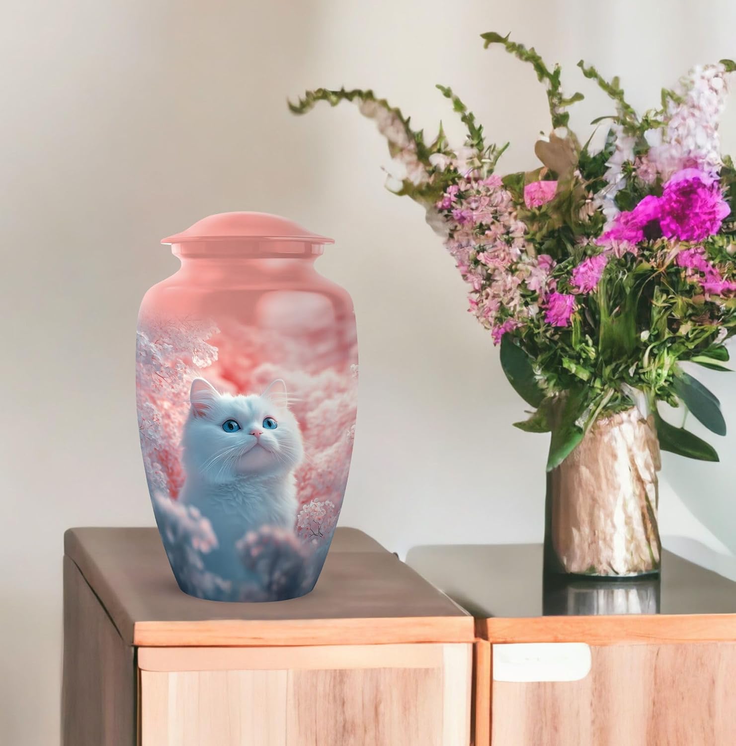 Cat with Flowers Urns - Pink Cat Urn for Ashes for Women - Funeral Cremation Urn with Kittens - Keepsake for Adults - Large Decorative Urns for Dad Mom Female (Combo of 5, 10 Inch & 3 Inch)