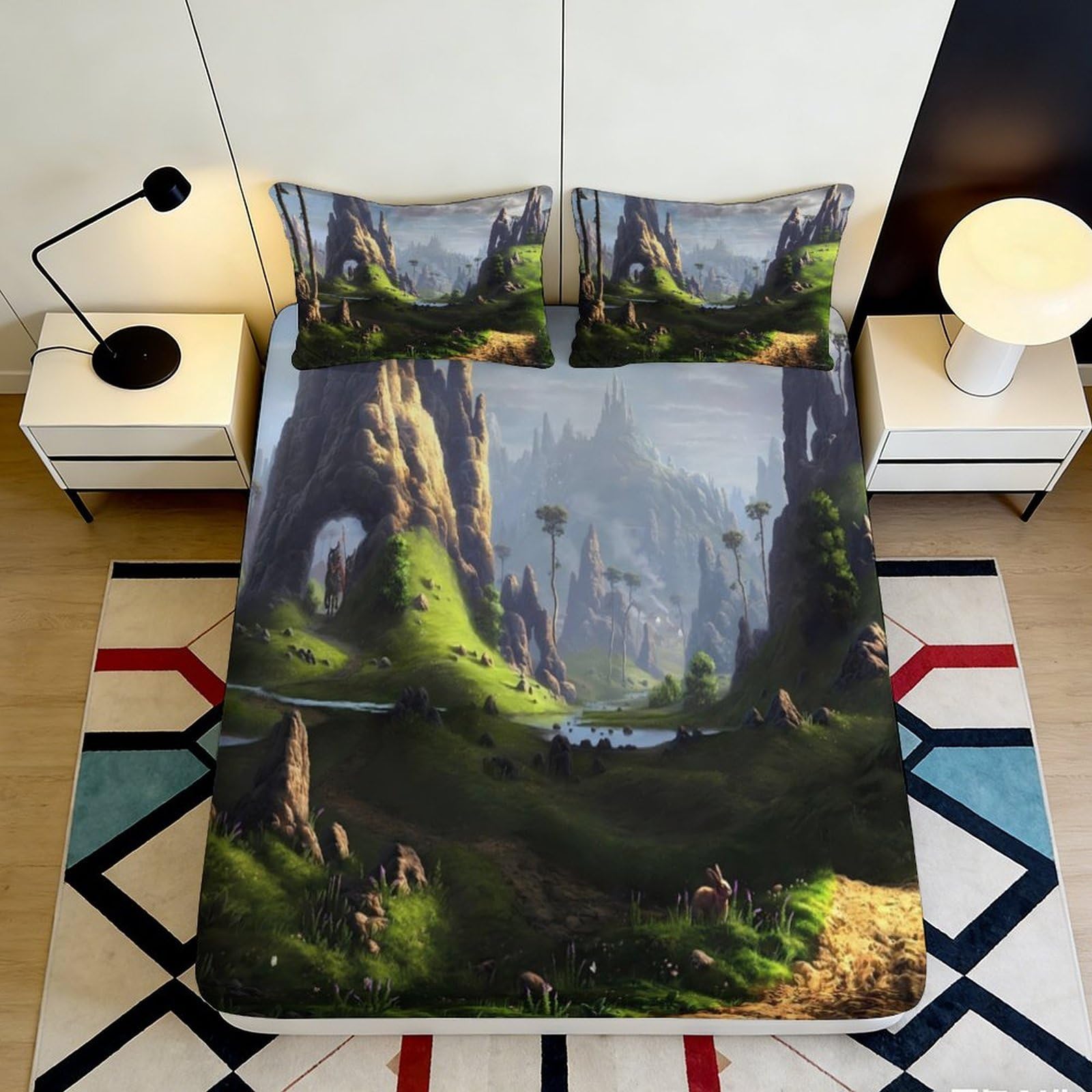 3D Printed Fantasy Mountain Landscape Fitted Sheet Microfiber Soft Breathable Magic Valley Mattress Cover for Bedroom Dorm Decor 120x200x25cm