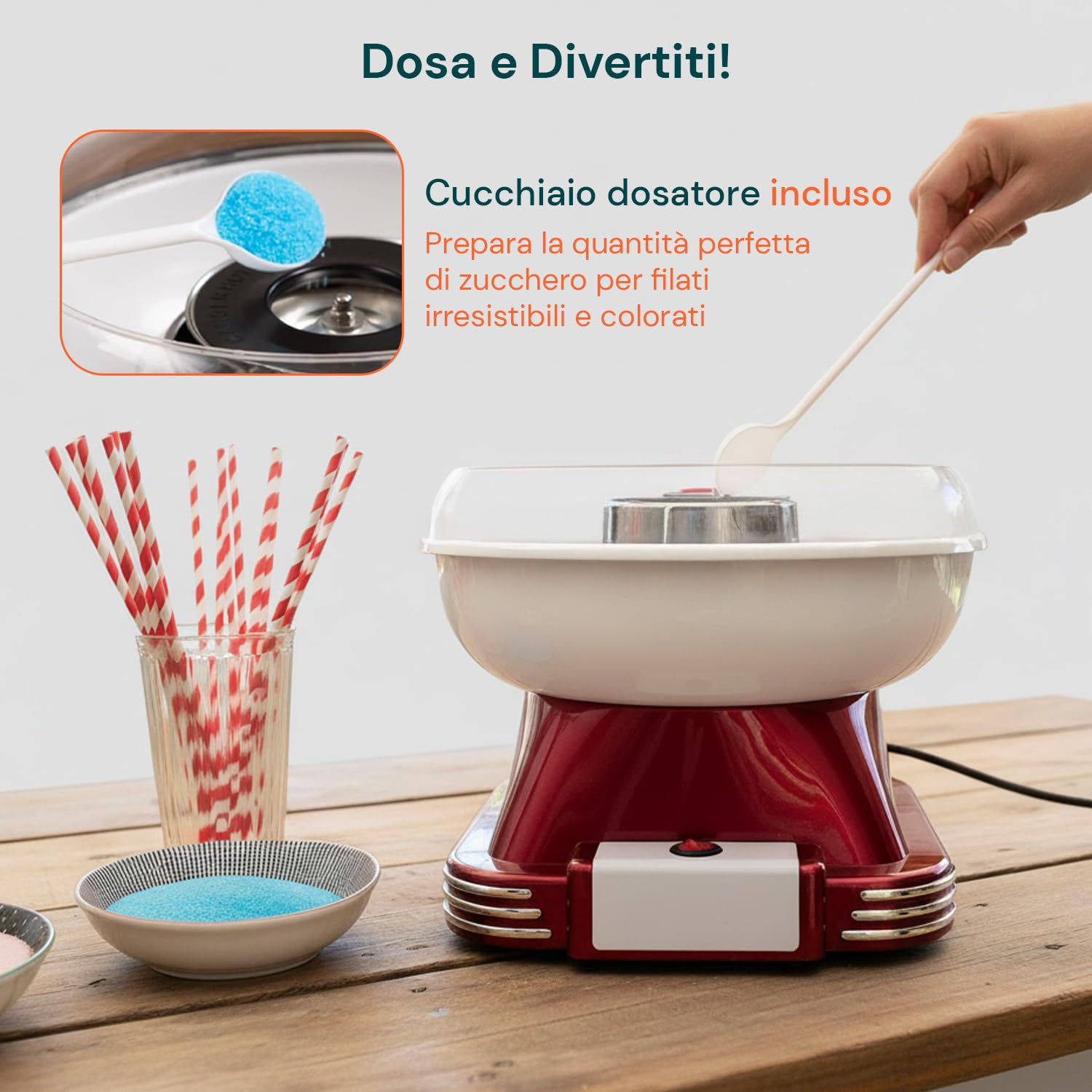 Avilia - Macchina Zucchero Filato Elettrica 500W Facile da Usare con Vaschetta Removibile, Accessori Inclusi e Riscaldamento Rapido per Zucchero Colorato o Aromatizzato, Ideale per Bambini e Feste