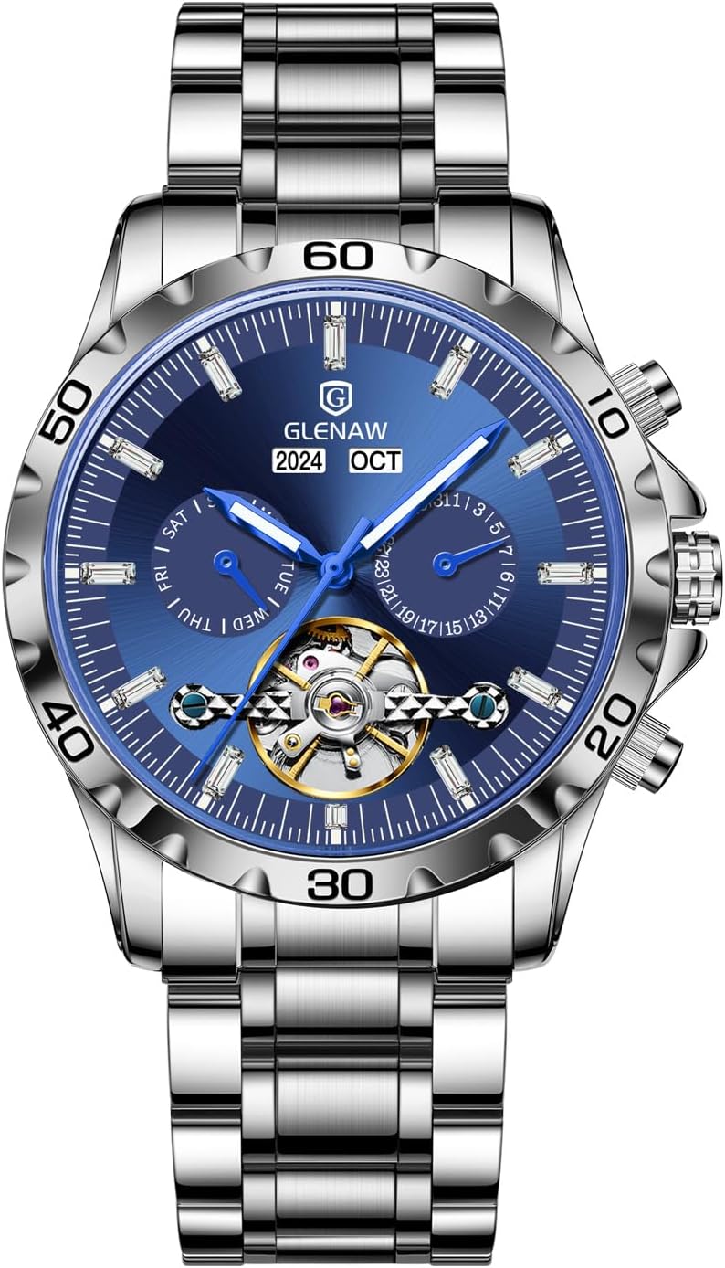 Men Skeleton Watch Tourbillon Automatic Winding Date Luxury Stainless Strap Waterproof Luminous Men Wrist Watch