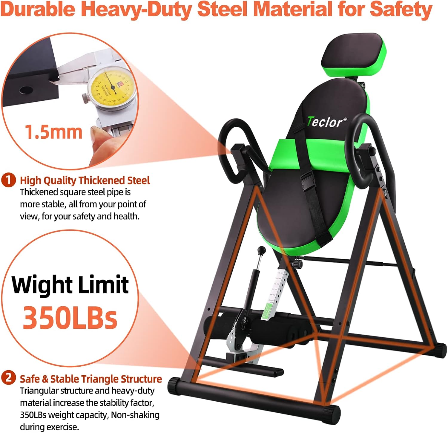 Teclor Inversion Tables Foldable for Back Pain Relief, 350 lbs Capacity Strength Training Inversion Equipment, Decompression Table for Pain Therapy Training with Safe Belt & Comfortable Ankle Holders