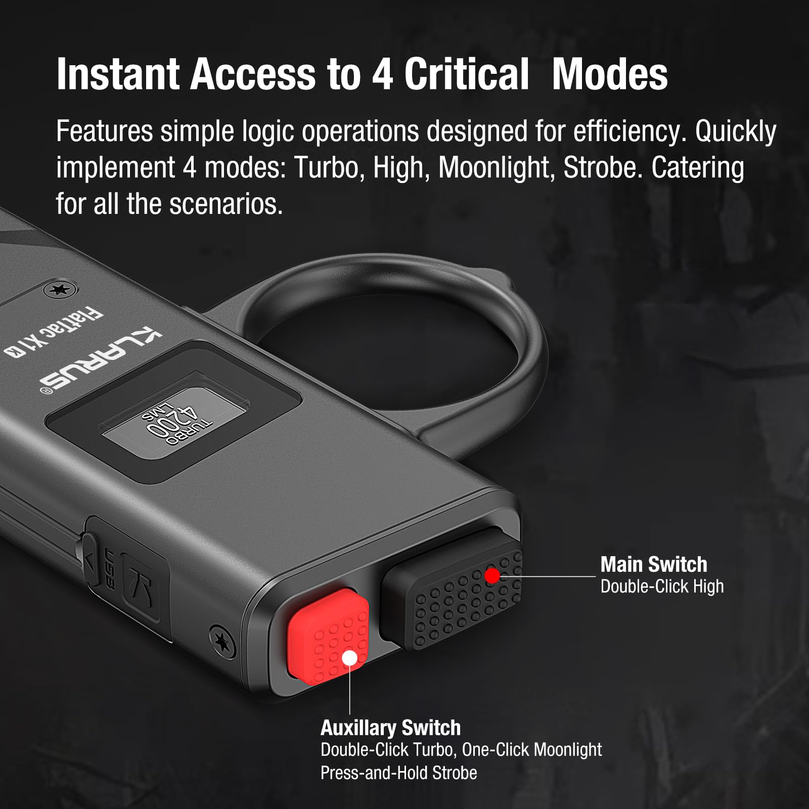 klarus FlatTac X1 Lampe de poche tactique ultra fine, 4200 lumens, lampe de poche puissante et compacte avec double interrupteur, écran OLED, étanche IPX6, parfaite pour l'extérieur, en service