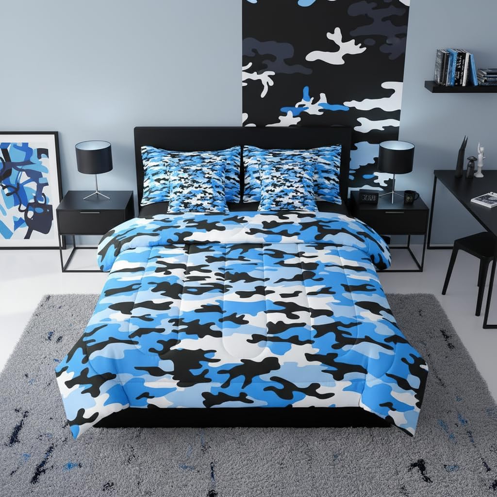 Erosebridal Grey Camouflage 7 Pcs Bedding Set Military Themed Queen Comforter Set for Boys Girls Kids | Camo Militarily Tie Dye Bed in A Bag with Flat and Fitted Sheet Army Retro Geometric Bed Set