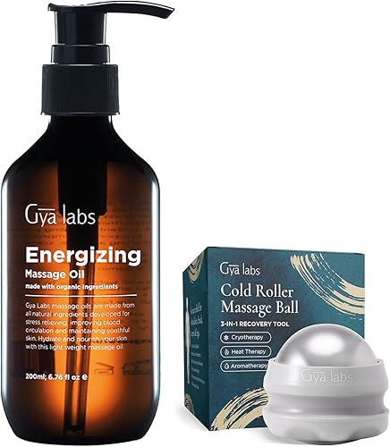 Aceite de masaje energizante (6.8fl oz) y bola de rodillo de masaje en frío para crioterapia (gris) - Juego de aceites 100% puros de grado