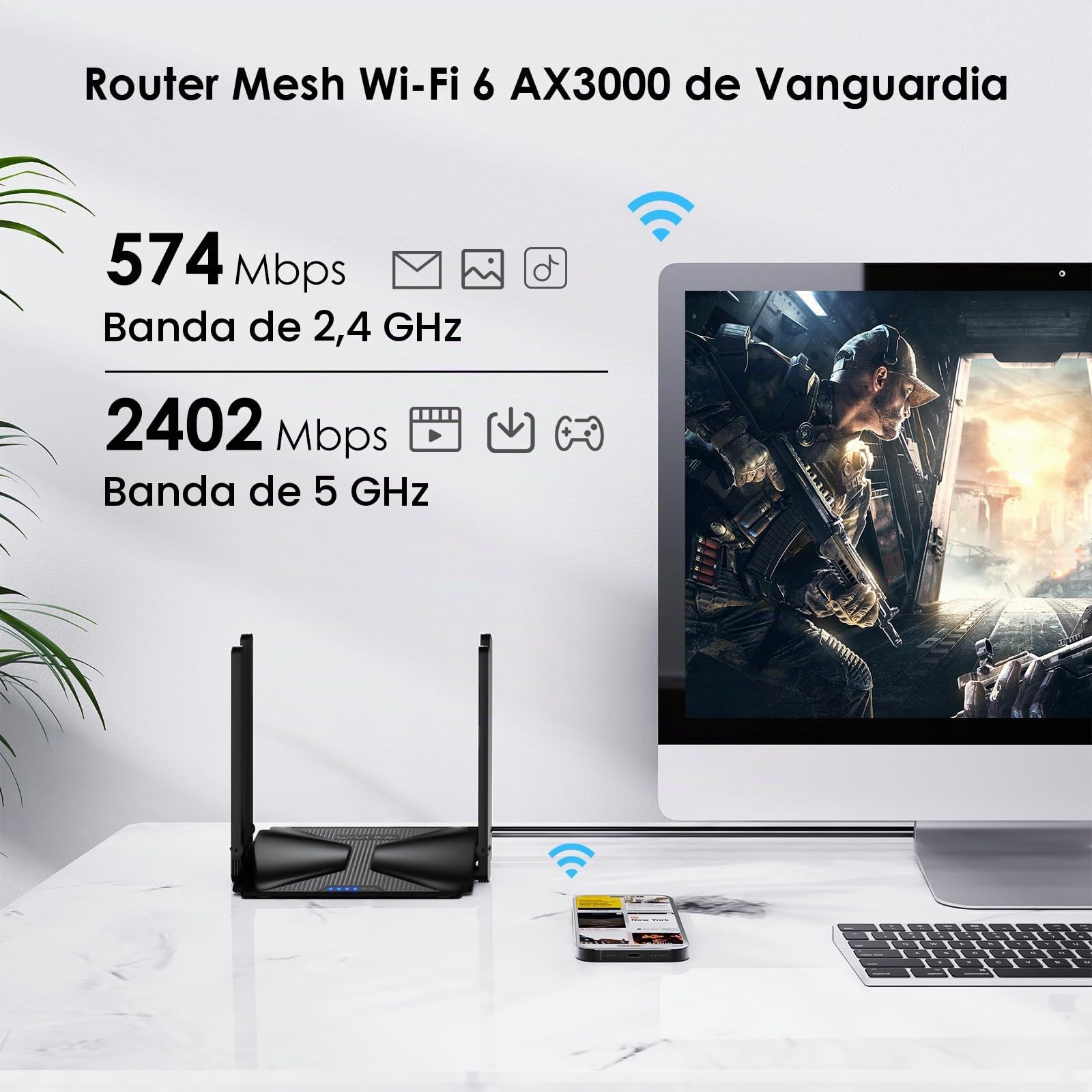 WAVLINK AX3000 Router WiFi 6 Doble Banda 2.4G/5G 3000Mbps - para Juegos/VR Profesional, Red Mesh Total, 4xMU-MIMO, OFDMA/WPA3, 160MHz, IPv6, Alta Velocidad + Modo Ap