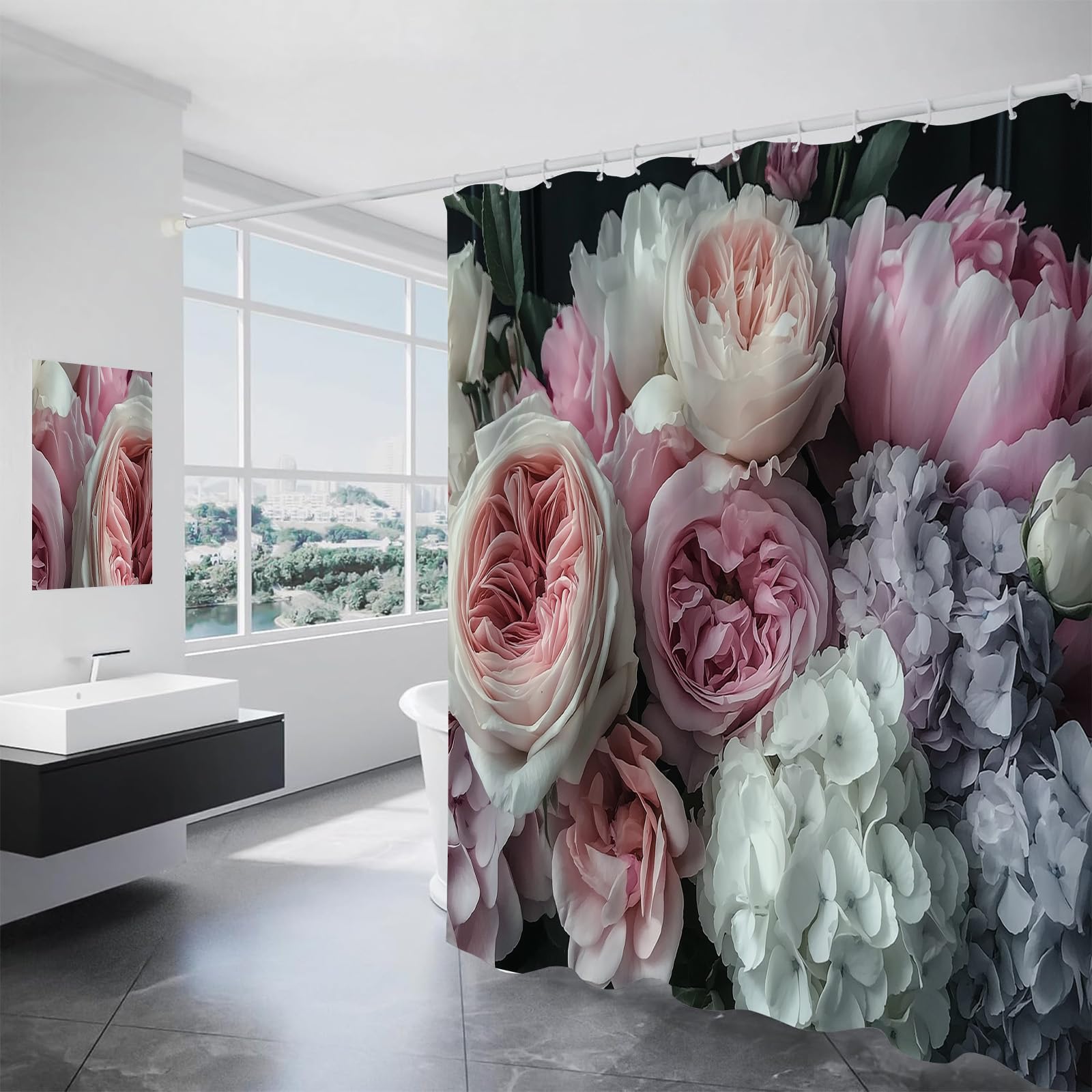 Rideau de douche motif pivoine lavable en machine pour une salle de bains romantique