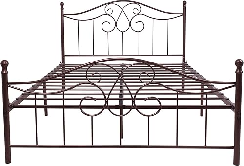 Miniatura 7 de TUSEER Base de cama de metal tamaño Queen con cabecero vintage y base de plataforma de estribo, marco de cama de hierro forjado (Queen, marrón