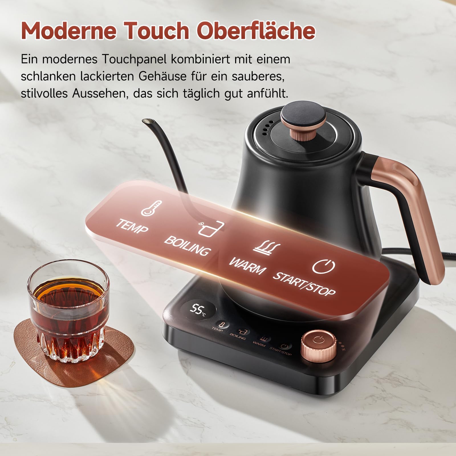 OLEGA wasserkocher schwanenhals: 1200W wasserkocher mit temperatureinstellung, 0.8L Edelstahl schwanenhals wasser kocher, LED-Anzeige & Warmhaltefunktion kettle, Geeignet für Kaffee und Tee, schwarz