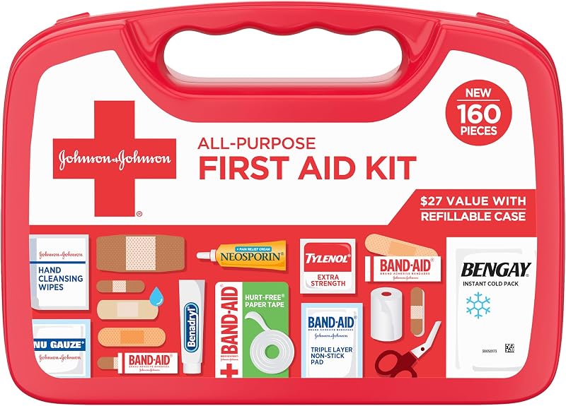 BAND-AID Brand All-Purpose Portable Compact First Aid Kit, 160 Piece | Emergency Wound Care Essentials with Adhesive Bandages, Gauze & Pain Relief for Home, Car, Dorm, Camping, Cruise & Travel