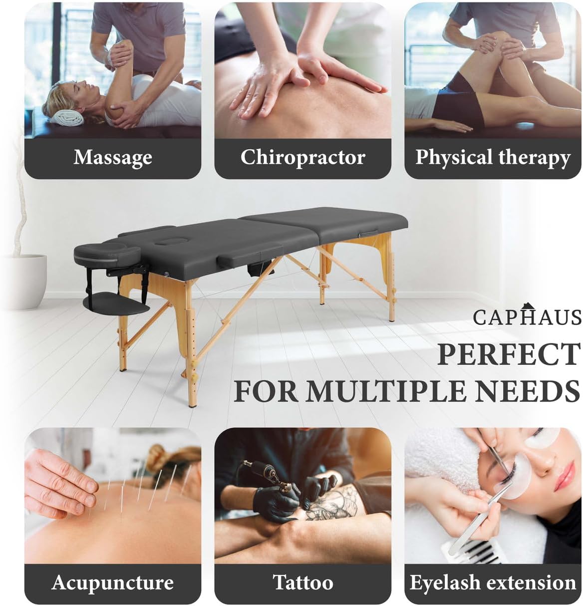 CAPHAUS 84 Inch Memory Foam Massage Table, 28 Inch Wide Foldable & Portable Massage Bed, Facial Cradle Salon Bed Wooden Legs & Carry Case, Height Adjustable Spa Bed, Black
