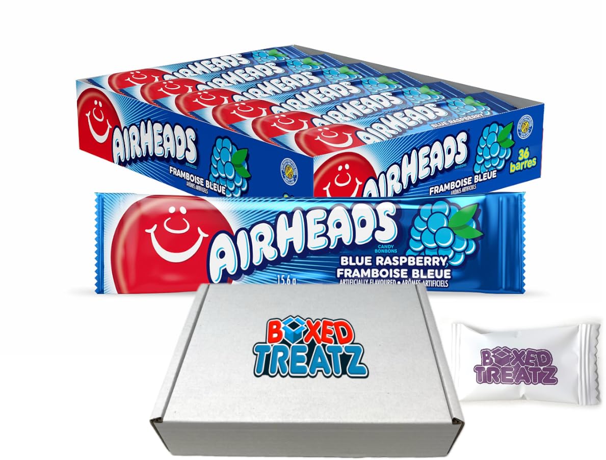 Airheads 36x15.6g, Watermelon, White Mystery, Blue Raspberry & Cherry - Tasty & Chewy Boxed Treatz (36, Blue Raspberry)