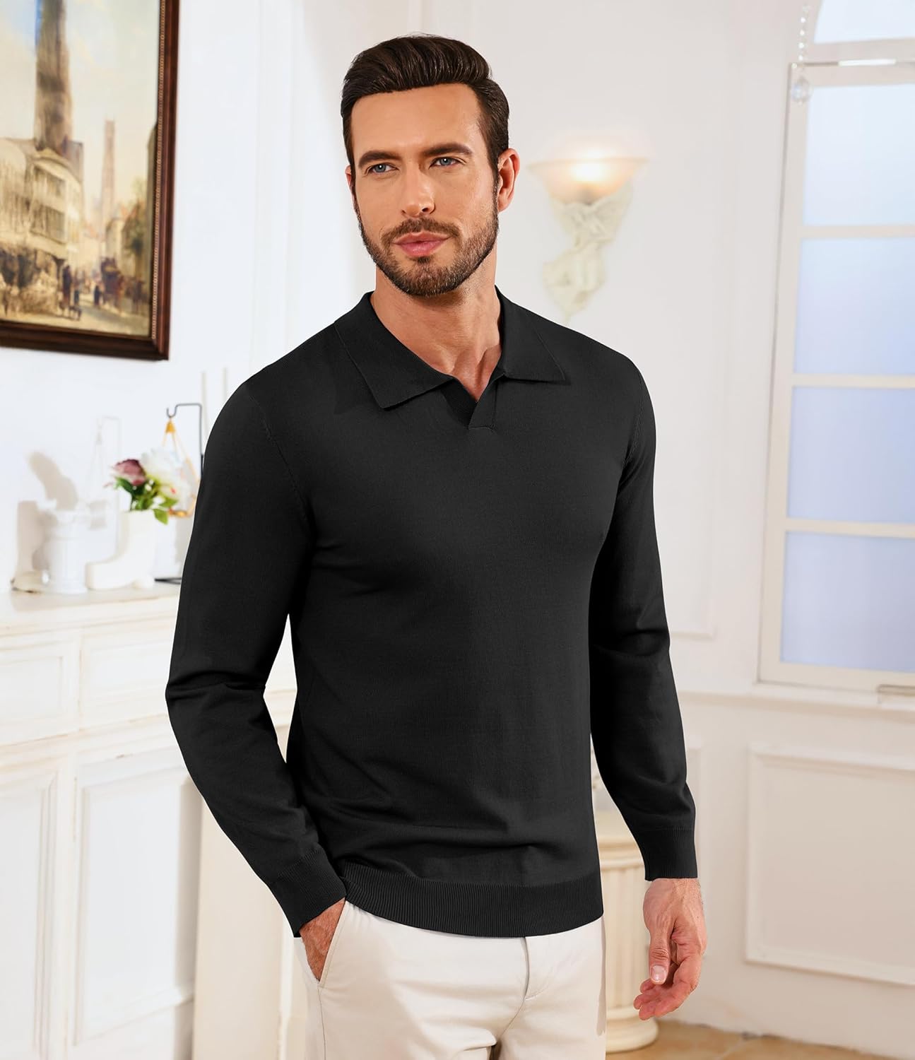 lexiart Mens Knit Polo Shirts Long Sleeve V Neck Breathable Soft Casual Lightweight Solid Color Golf Shirts - Image 3