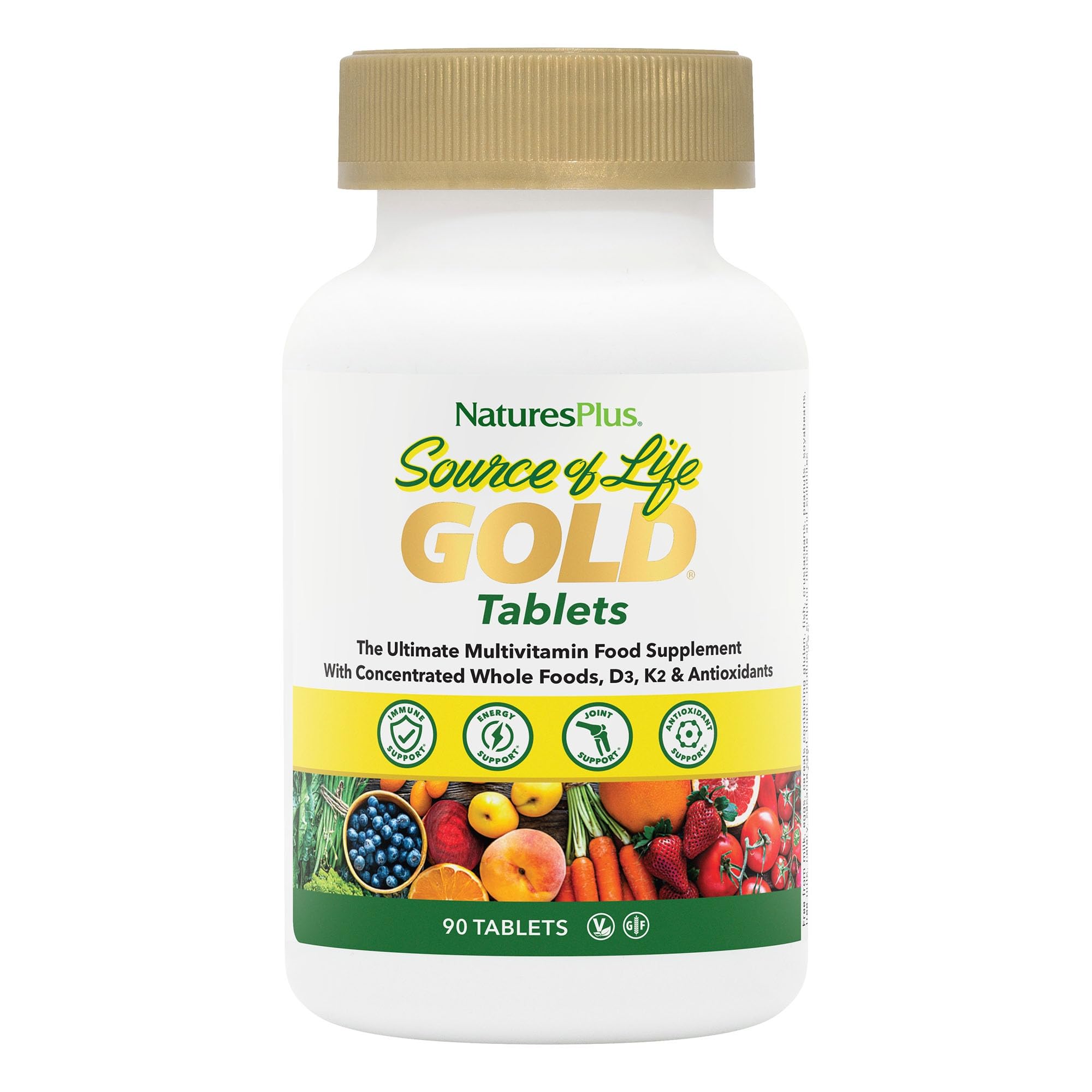 NaturesPlus Source of Life Gold Tablets - Plant Based Multivitamin and Mineral Supplement with Superfoods - Vegetarian, Gluten Free - 90 Tablets